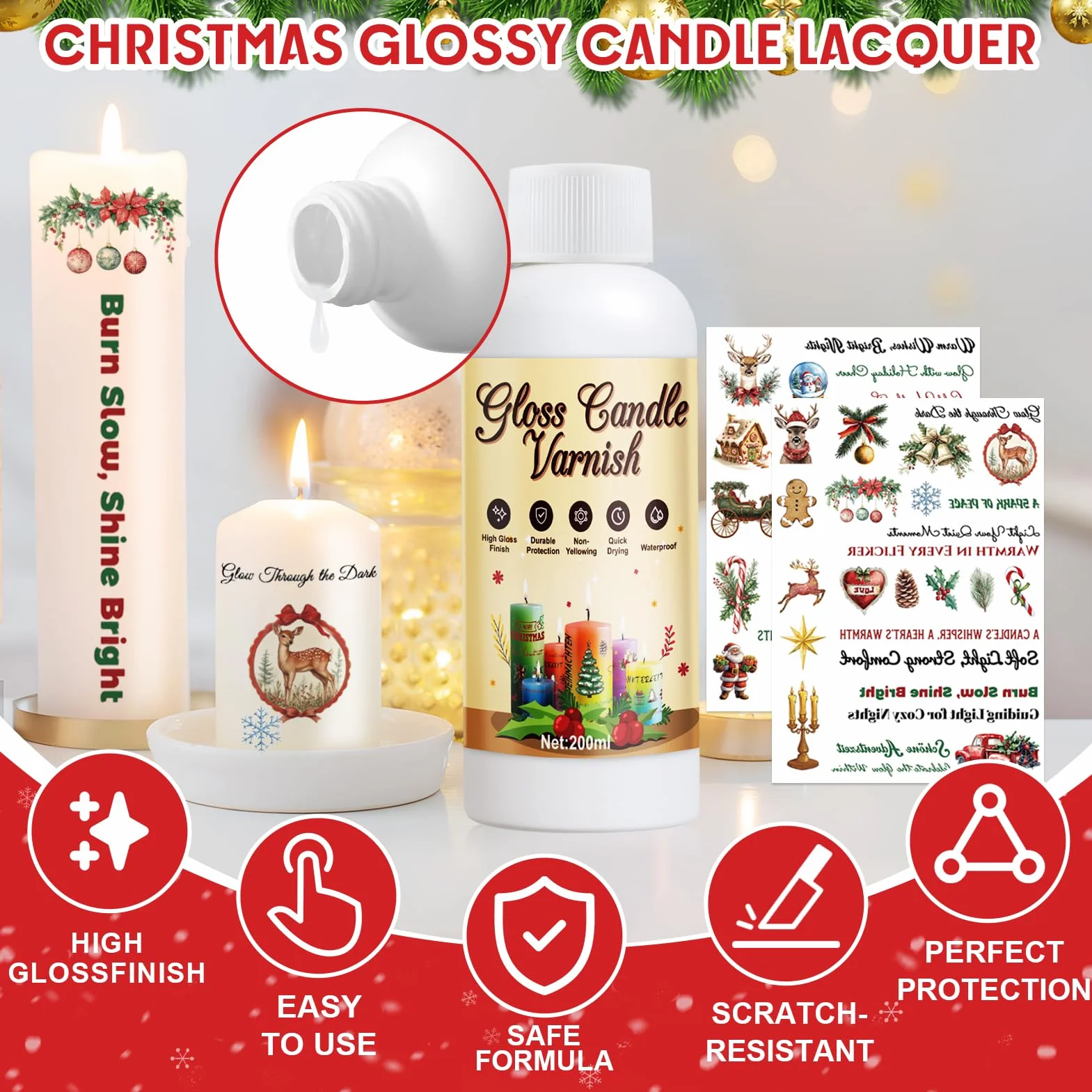 Vernidas Lucido Trasparente, Vernice Trasparente, Vernice Finale Lucida, Candele Vernice con Candle Stickers Natalizi, Impermeabile, Asciugatura Rapida, Migliora la Vivacità del Colore, 200ml