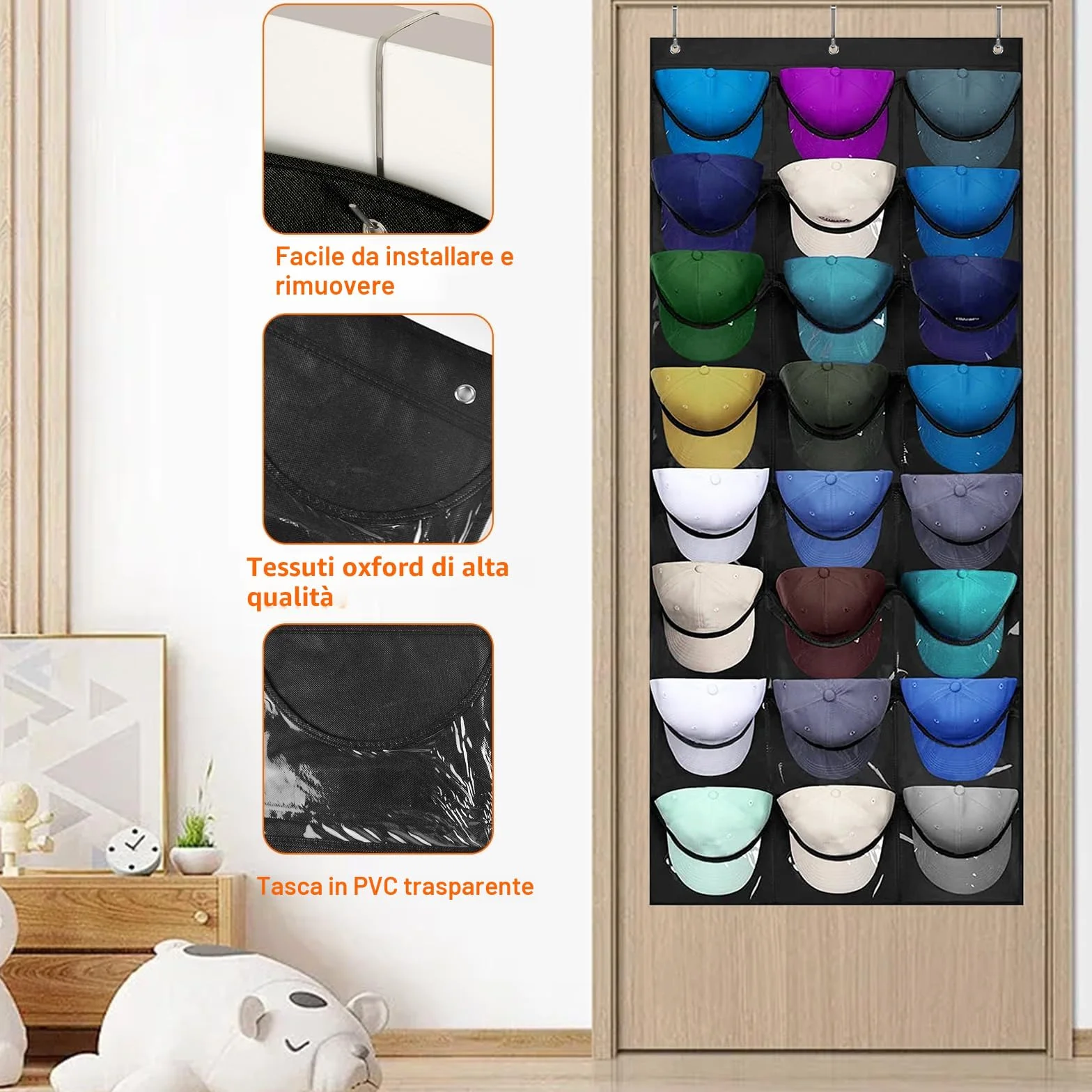 Porta Cappelli da Baseball 24 Tasche Organizer Sulla Porta Nero
