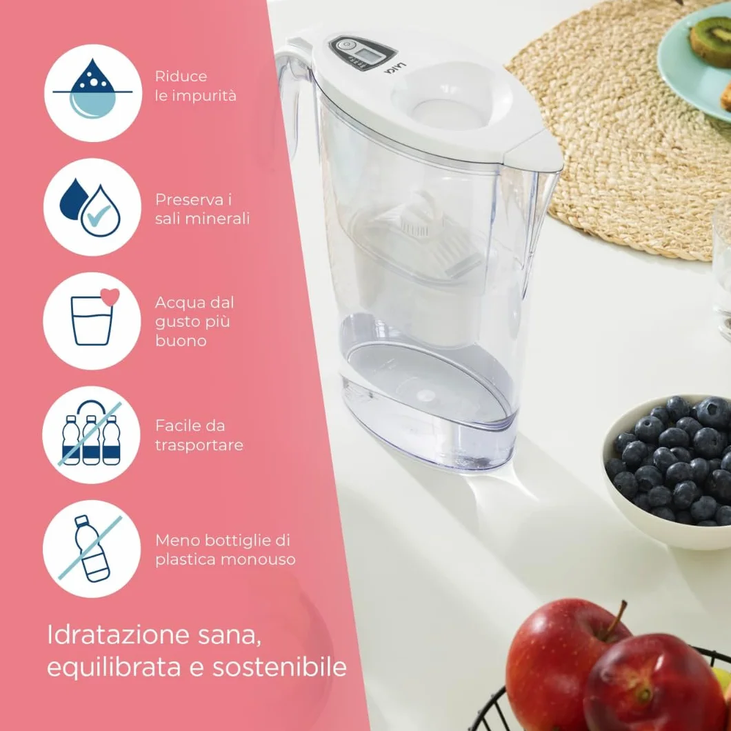 LAICA Stream Line Caraffa Filtrante 2,3L Bianca Timer Digitale 1 Filtri bi-flux Incluso Made in Italy