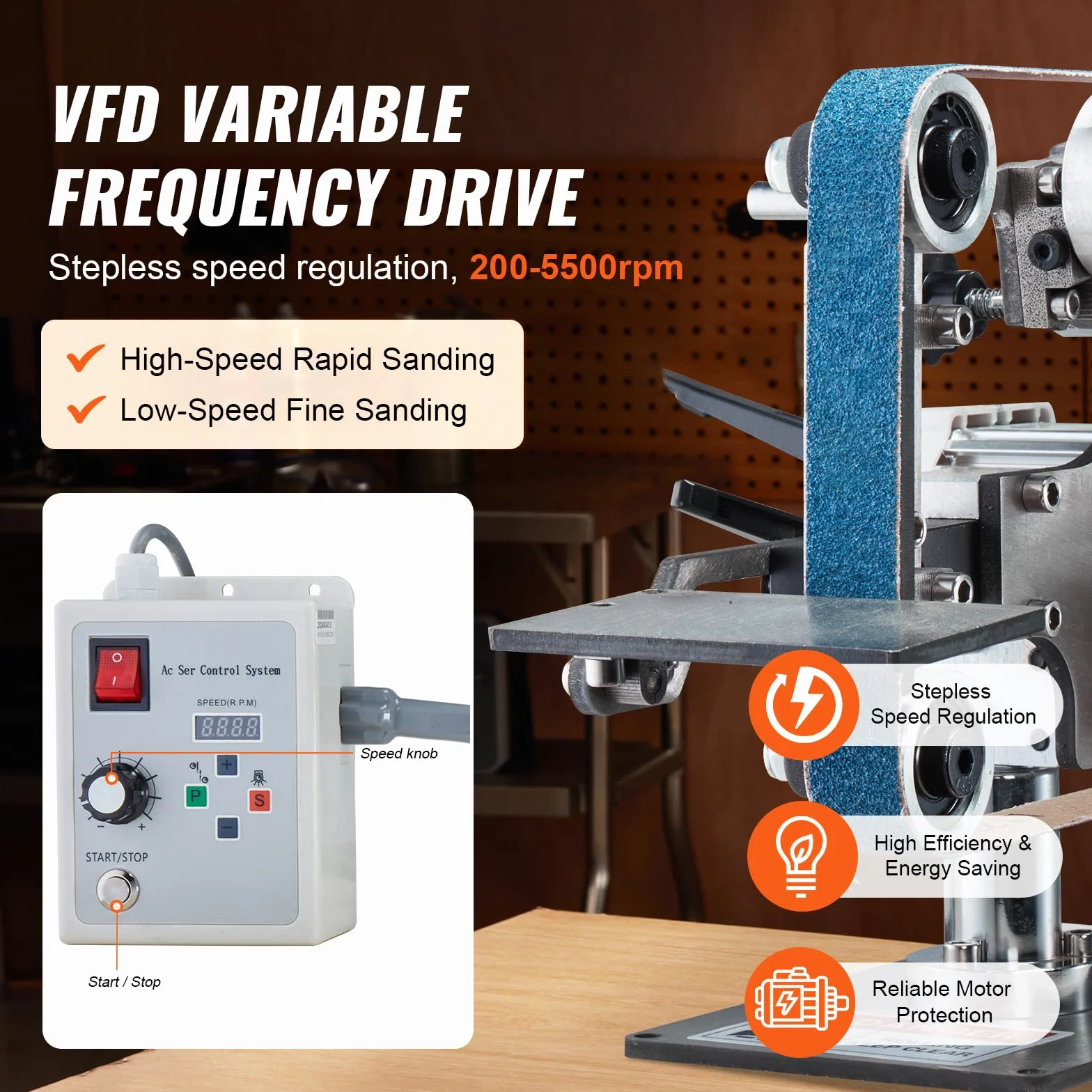 VEVOR Lucidatrice a Nastro a Velocità Variabile 762 x 25 mm con VFD, Levigatrice per Lucidatura 550 W con 2 Stampi Smerigliatura e 3 Nastri Abrasivi per Lavorazione Metalli, Produzione Coltelli