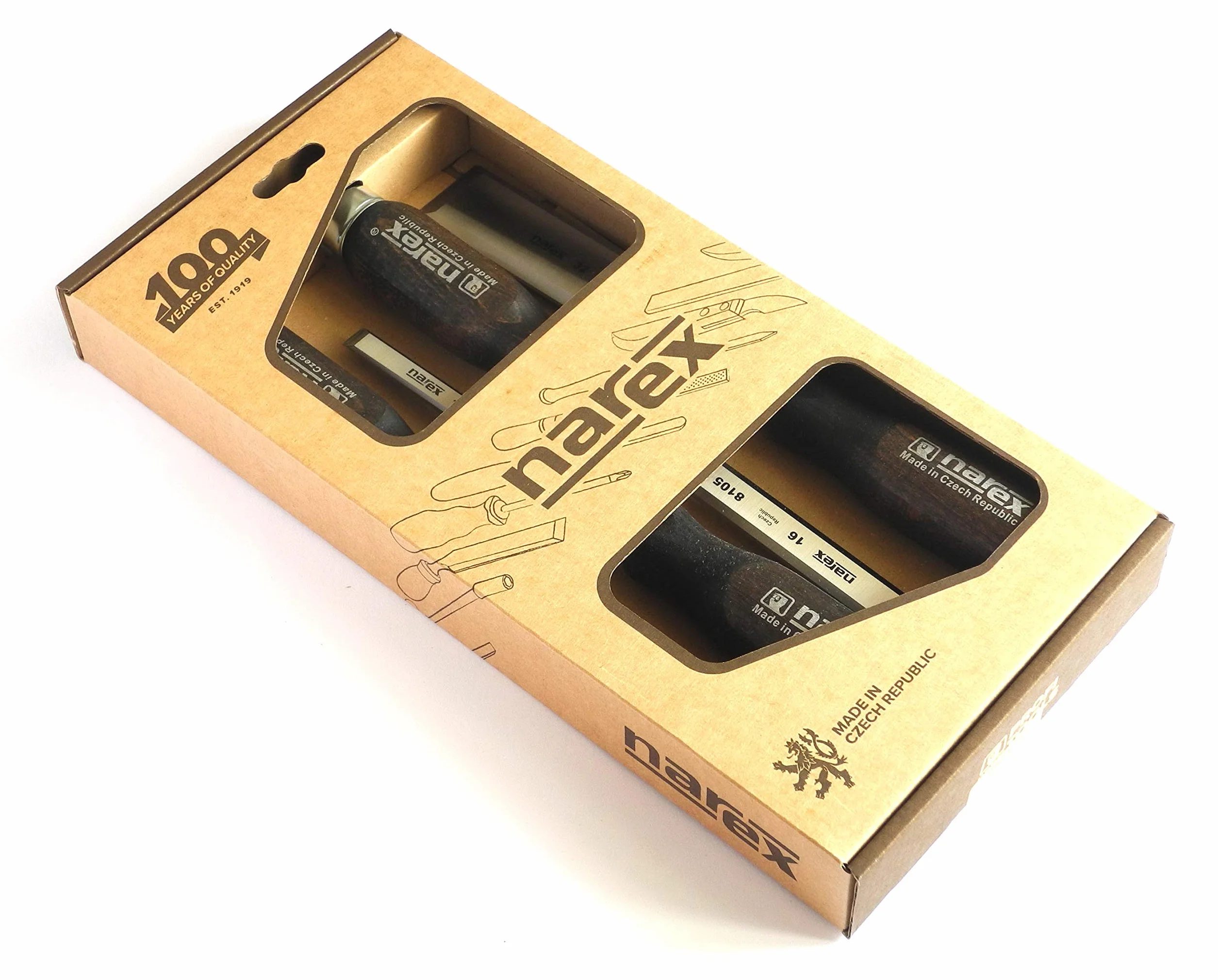Narex - Set di 4 scalpelli con impugnatura scura (8, 10, 16, 32 mm) in acciaio al cromo manganese con lame forgiate e affilate, manici in legno verniciato e cerato