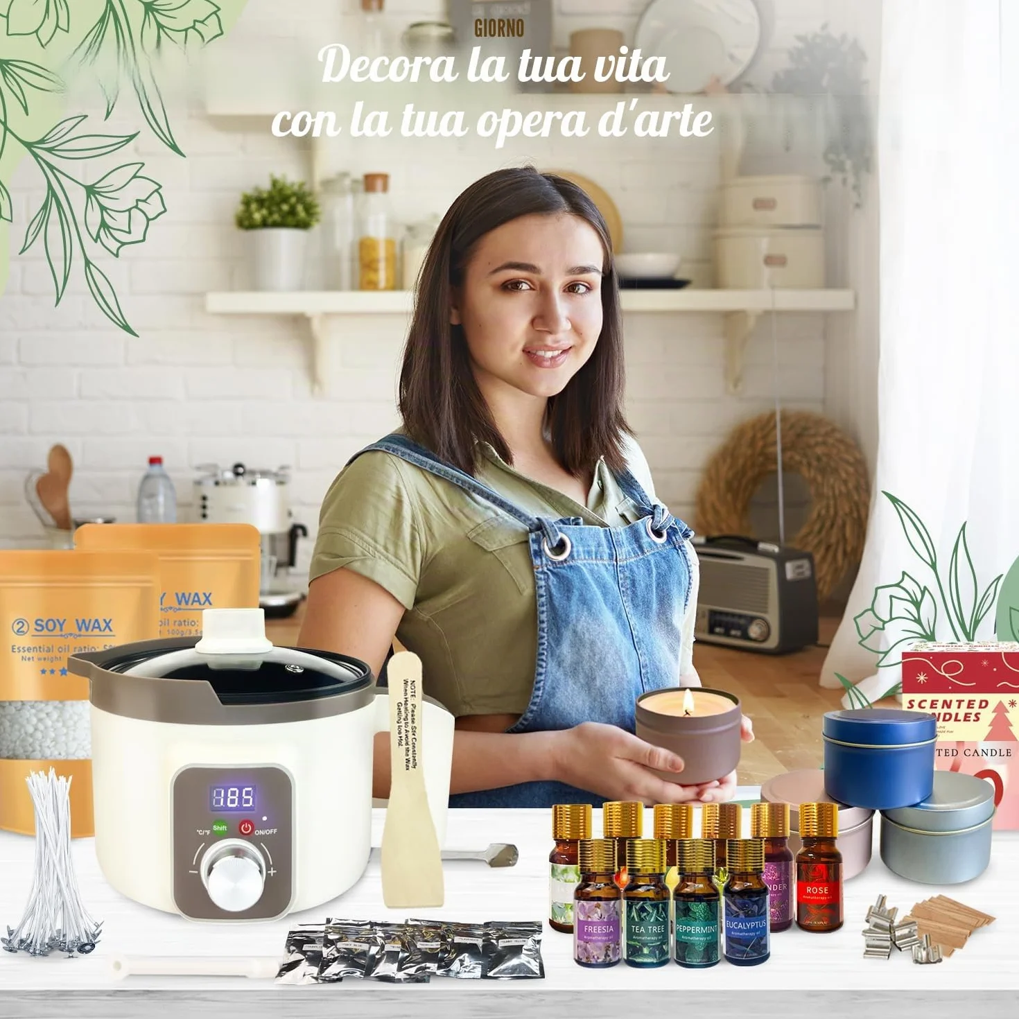 LINGQIAN Set per la creazione di candele fai da te, kit per la creazione di candele in cera di soia, fusore elettrico per cera con beccuccio, 12 barattoli per candele, 12 oli profumati