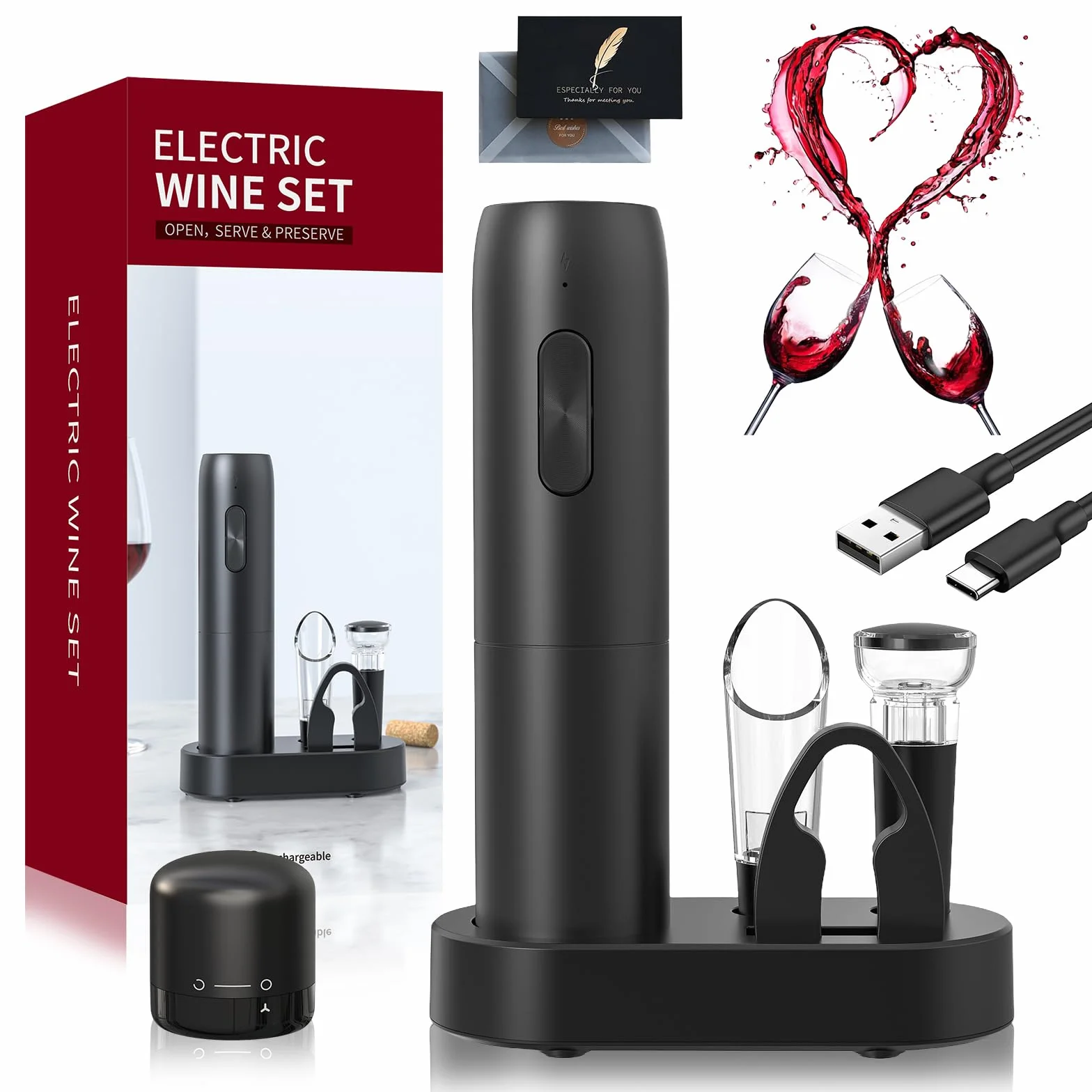 UCAMP Cavatappi Elettrico per Vino,Apribottiglie Elettrico Ricaricabile 8 in 1 Set Regalo,Cavatappi Automatico con Tagliacapsule,Versatore,Tappo Vino,Base,Cavo USB,Regalo per Gli Amanti del Vino