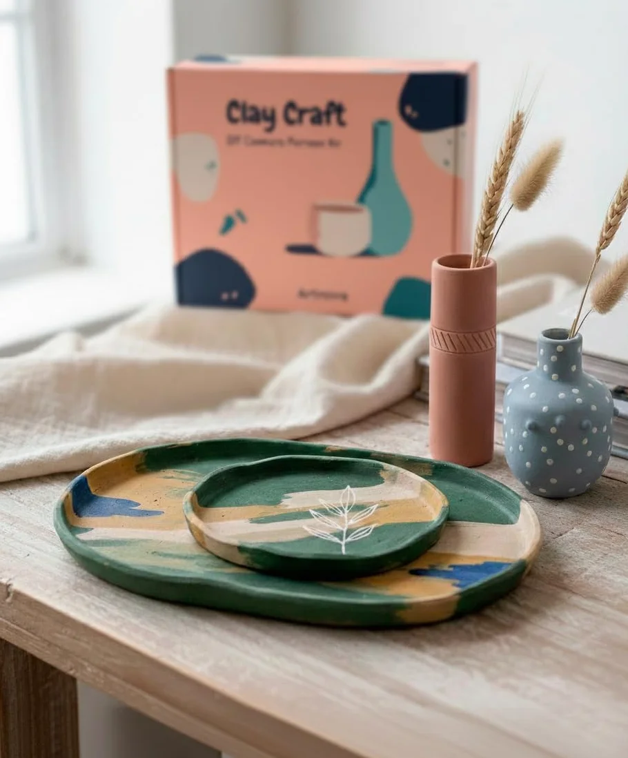 Kit completo di ceramica: strumenti per modellare, colori acrilici e guida rapida per intrattenimento creativo in famiglia fai da te con argilla