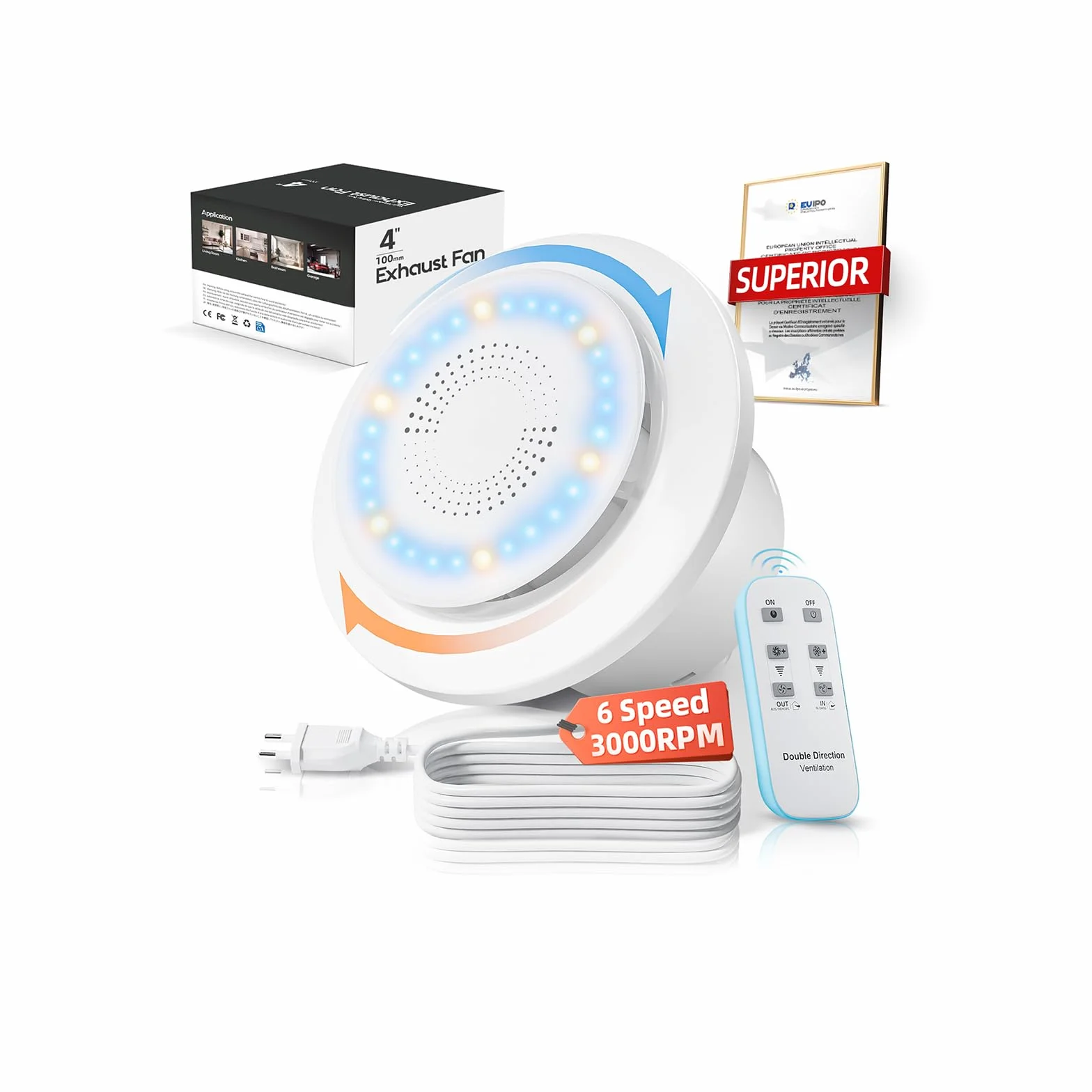 Aspiratore Bagno 100mm, 3000g/min 220m³/h Ventola Bagno 2 Direzioni 6 Velocità con Luce Indicatrice+Telecomando, Flusso d'Aria Potente 2W Motore DC. Facile Installare per Bagno Lavanderia GarageP106E2