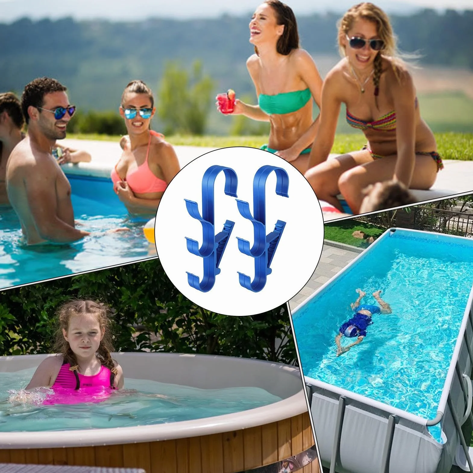Ganci per piscina, portaoggetti per piscine, 30,5 x 13,5 x 3,5 cm, supporto resistente con set da 2 pezzi e clip per gancio a bordo piscina, uso esterno per foglie, rastrelli, reti, asciugamani