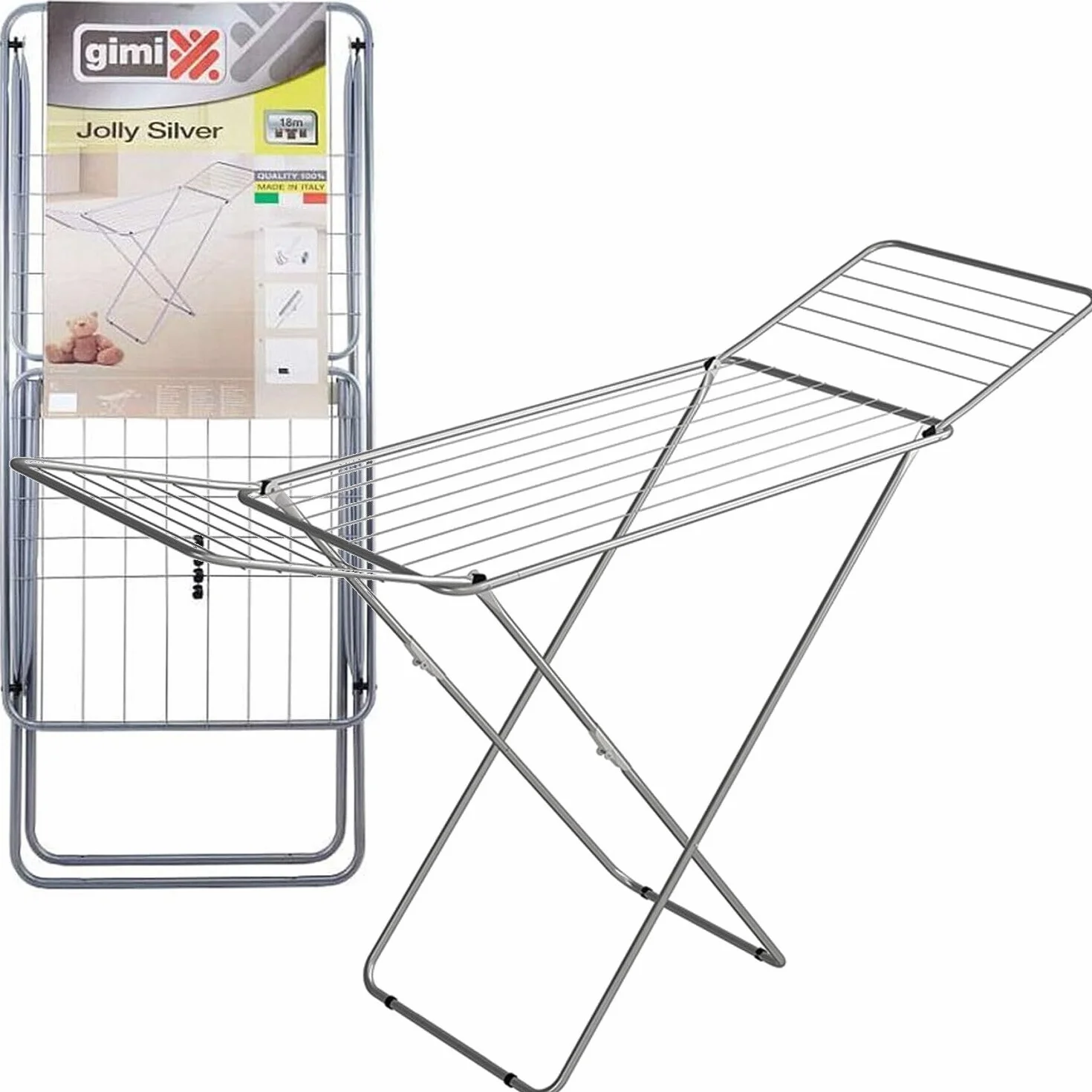 GIMI 84500 JOLLY - Stendibiancheria da pavimento in acciaio, Colori Assortiti, stenditura 18 mt, Dimensioni aperto (LxPxH) 180x55x107 cm