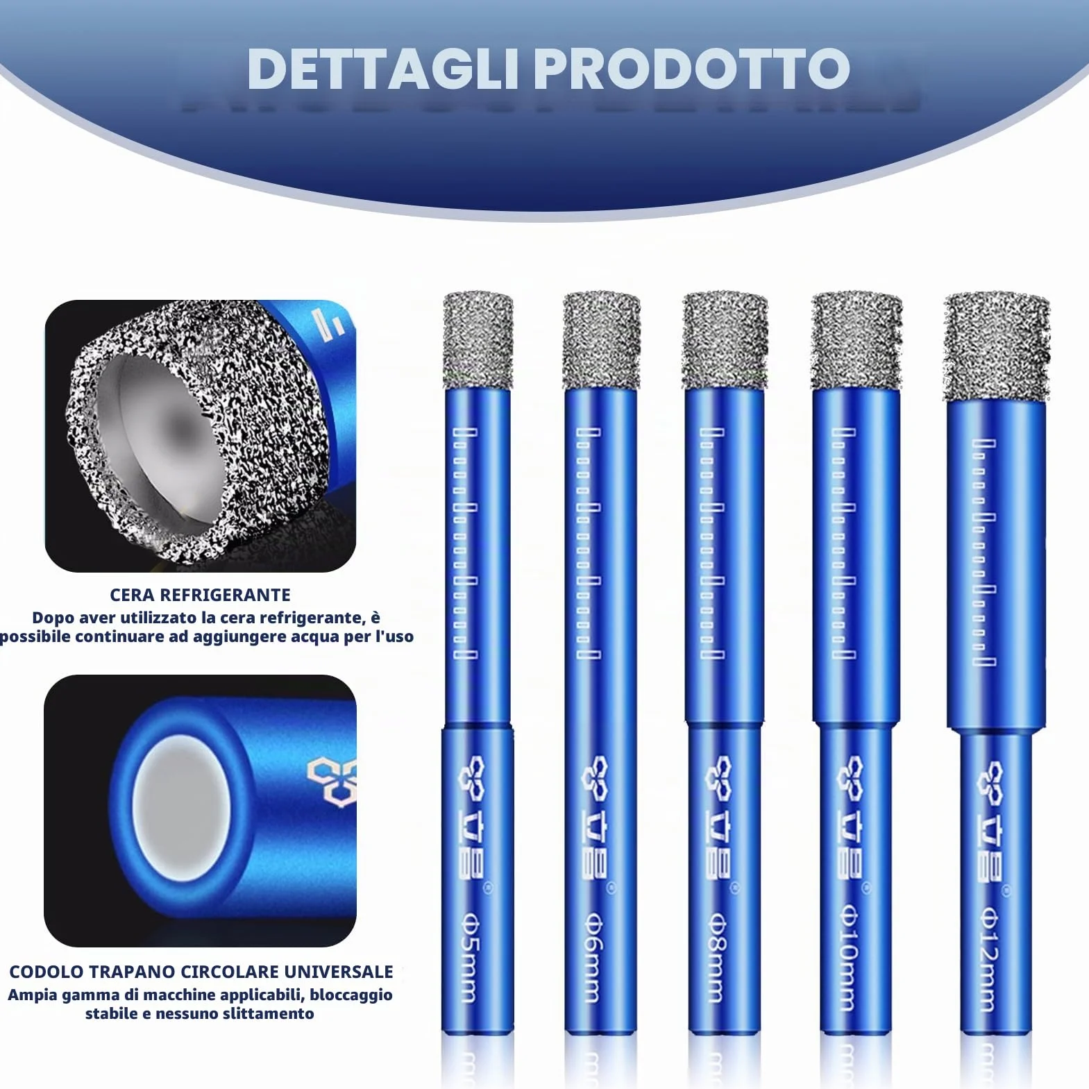 6pcs punte diamantate gres porcellanato,5/6/8/10/12mm Punte Trapano Diamantate Gres Porcellanato+6 mm Carbide Punte per Vetro, Ceramica, Granito, Marmo, Granito