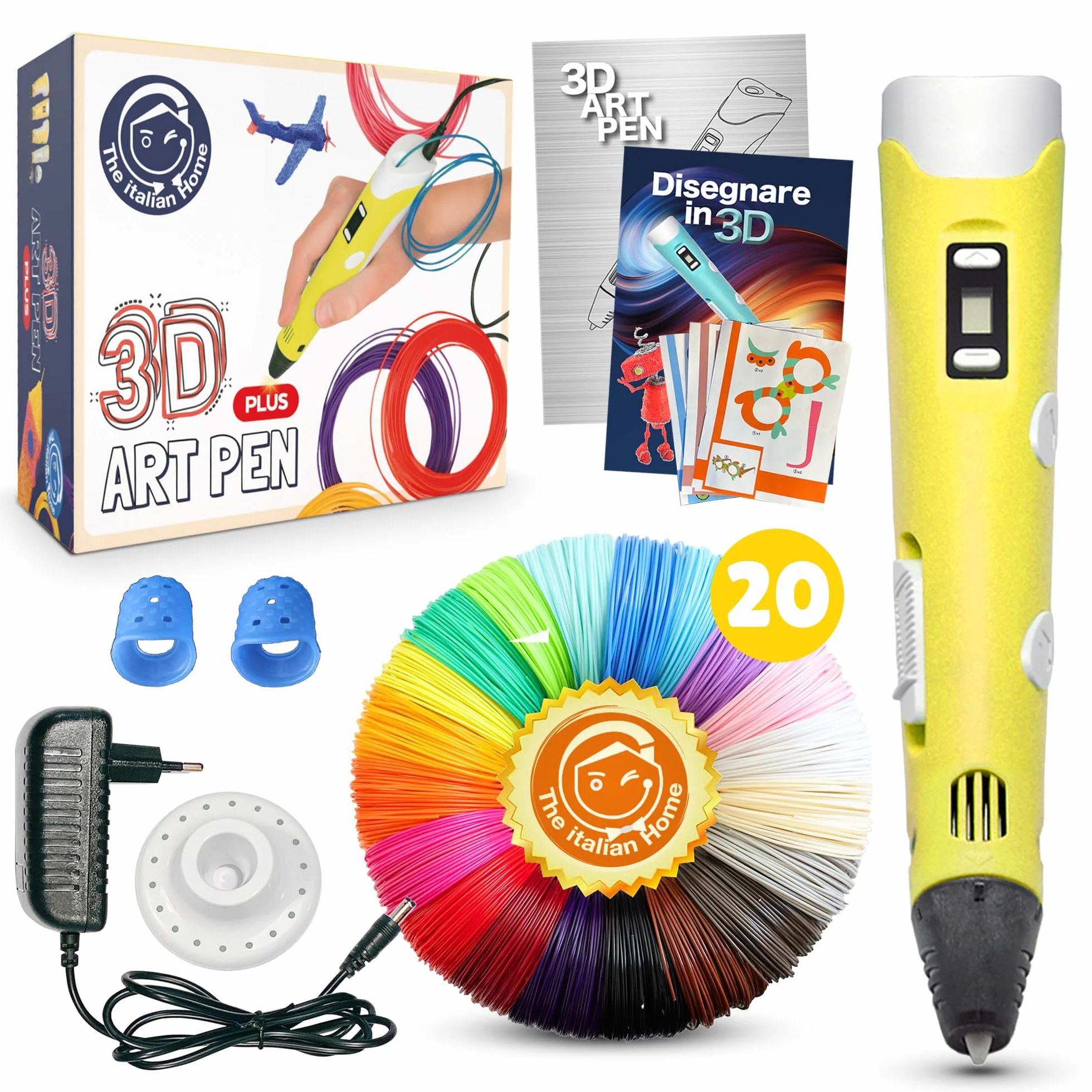 The Italian Home® Penna 3D Plus + Filamenti PLA 20 colori (4 Fluoerescenti) + Istruzioni in Italiano e Guida illustrata in Omaggio, Penna 3D Professionale, Cose utili, Idee Regalo
