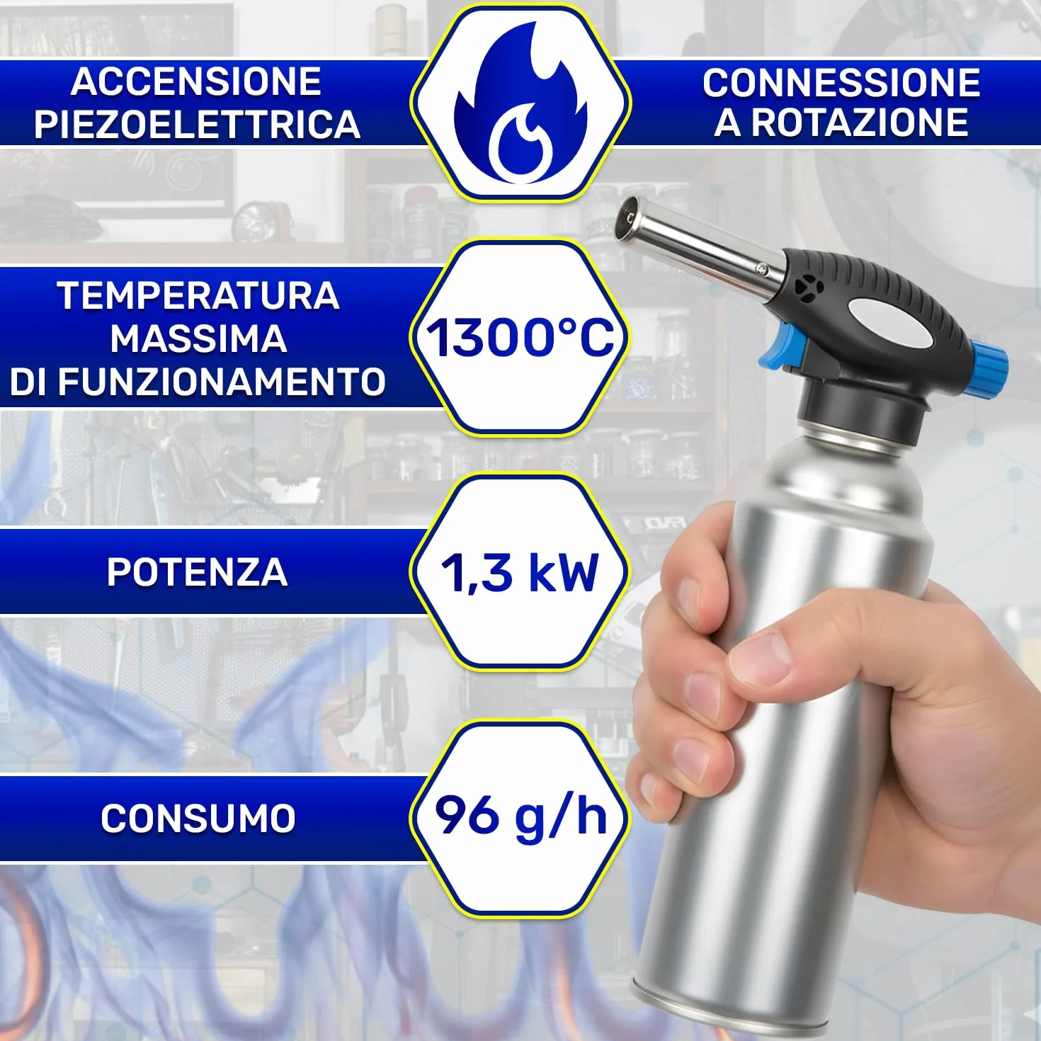 Cannello a Gas 1,3 kW 1300°C con Accensione Piezoelettrica e Attacco Tipo TWIST - Bruciatore a Gas Butano Adatto per Saldatura e Come Torcia Cucina Professionale - MONTERAL