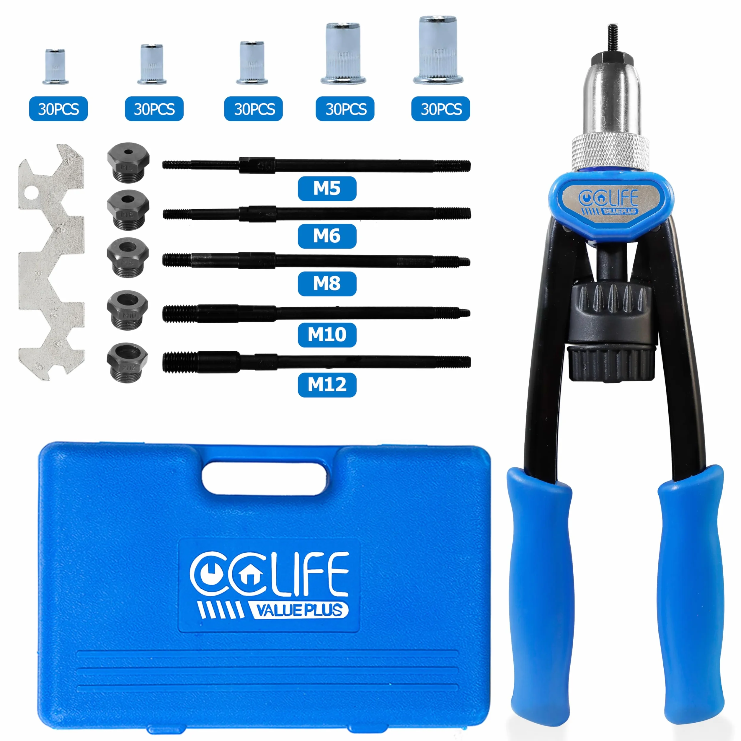 CCLIFE Rivettatrice Manuale per Inserti Filettati, Set con Mandrini M5 M6 M8 M10 M12 e 150 Dadi per Rivetti in Acciaio Inossidabile