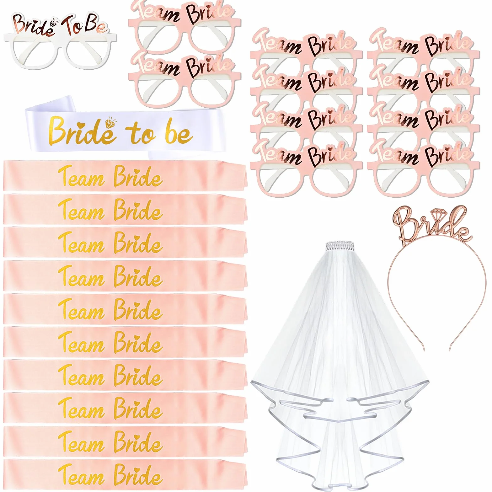 24 Pezzi Gadget Addio al Nubilato Sposa e Amiche, Velo Sposa Addio al Nubilato Gadget, Team Bride, Bride to be Addio al Nubilato, Fasce Addio al Nubilato