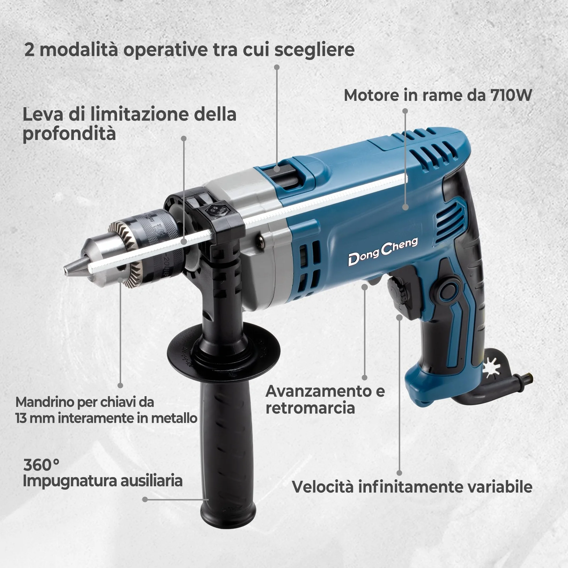 DongCheng Trapano a percussione 710W, trapano 2-in-1, mandrino da 13mm, 45.000 IPM, 3000 RPM, manico girevole a 360°, con 15 punte per metallo, legno e mattoni