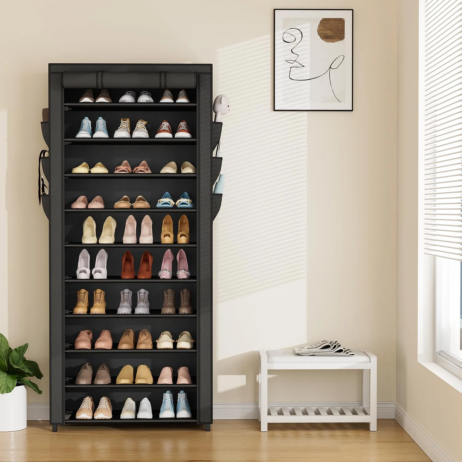 Vicye Scarpiera in Tessuto 11 Piani per 36-41 Scarpe, Scarpiera Alta Slim con Copertura Antipolvere, Portascarpe a Risparmio di Spazio, Struttura in Metallo, Ideale per Ingresso o Soggiorno, Nero