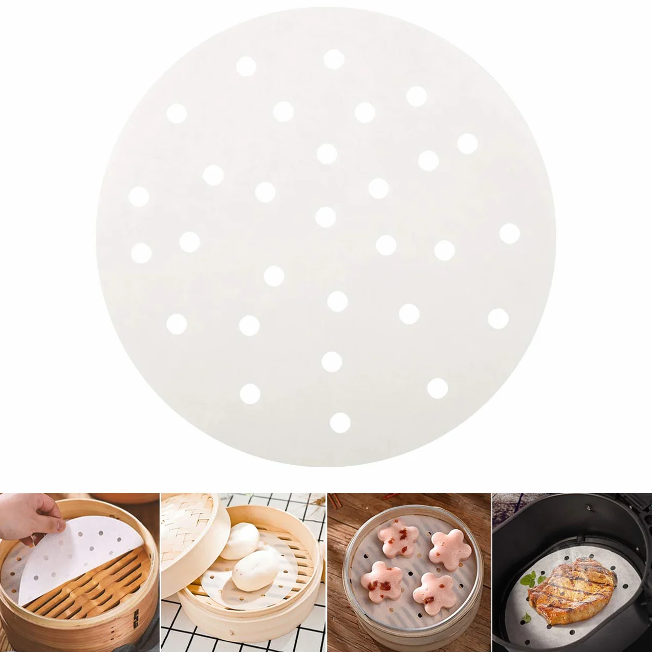 Gwhole 100 rotoli rotondi in carta pergamena antiaderente, foglio perforato per friggitrice ad aria, cottura a vapore, 18 cm