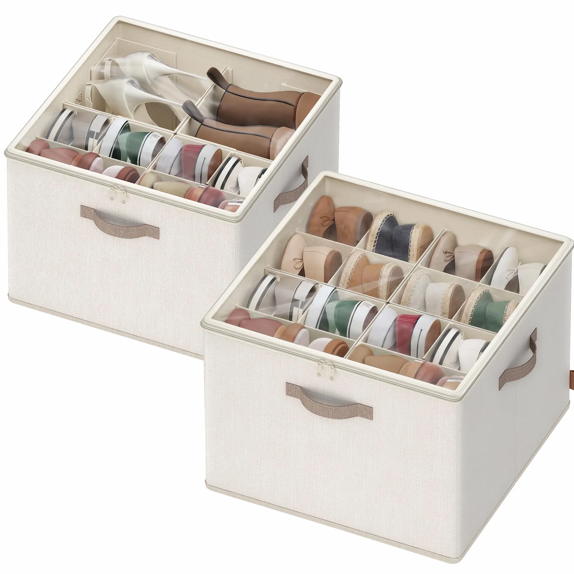 SONGMICS Organizer Scarpe, Ciascuno per Fino a 16 Paia, Scatole Contenitori Scarpe, Divisori Regolabili, Impilabile, Coperchio Trasparente, per Armadio, Set di 2, Beige Cappuccino LSP622LH01