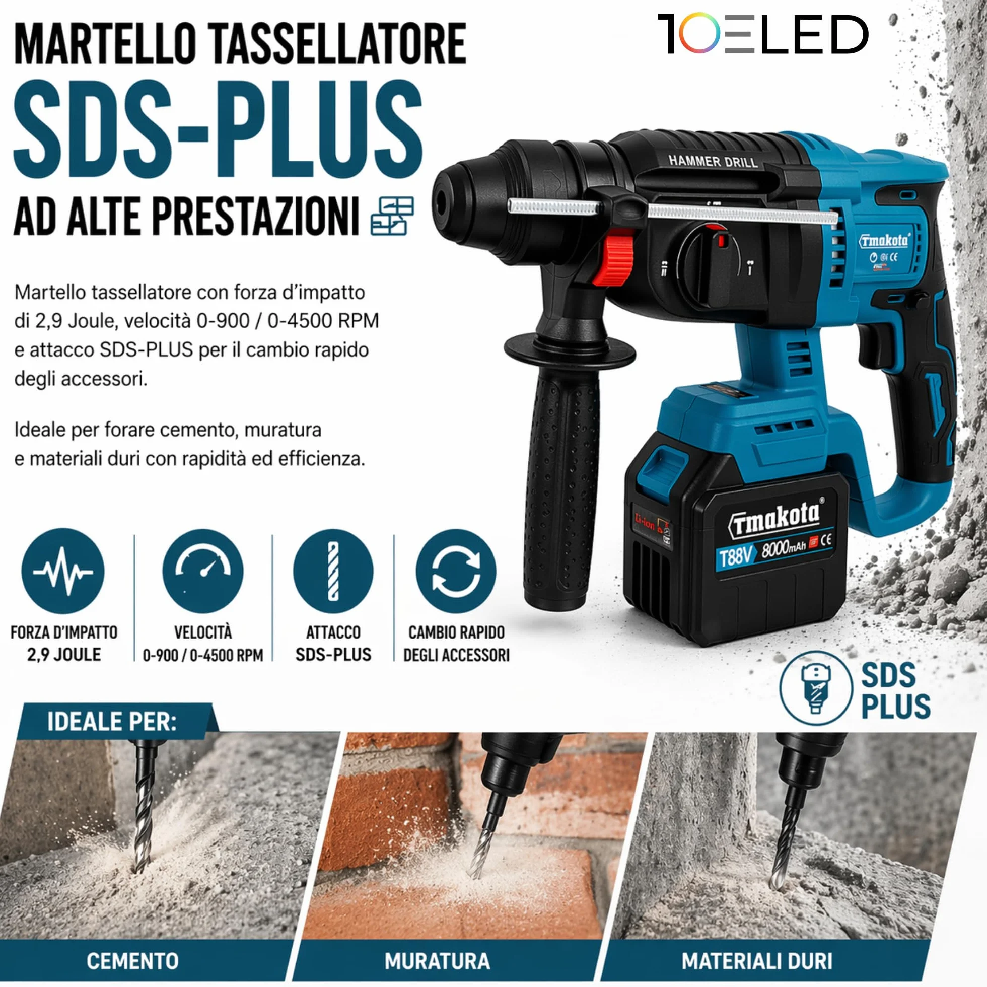 Kit Elettroutensili a Batteria 88V Brushless - COMPRENDE Cassetta con Trapano - Avvitatore Percussione - Avvitatore Impulsi - Smerigliatrice - Tassellatore SDS e Caricatore - Set Professionale