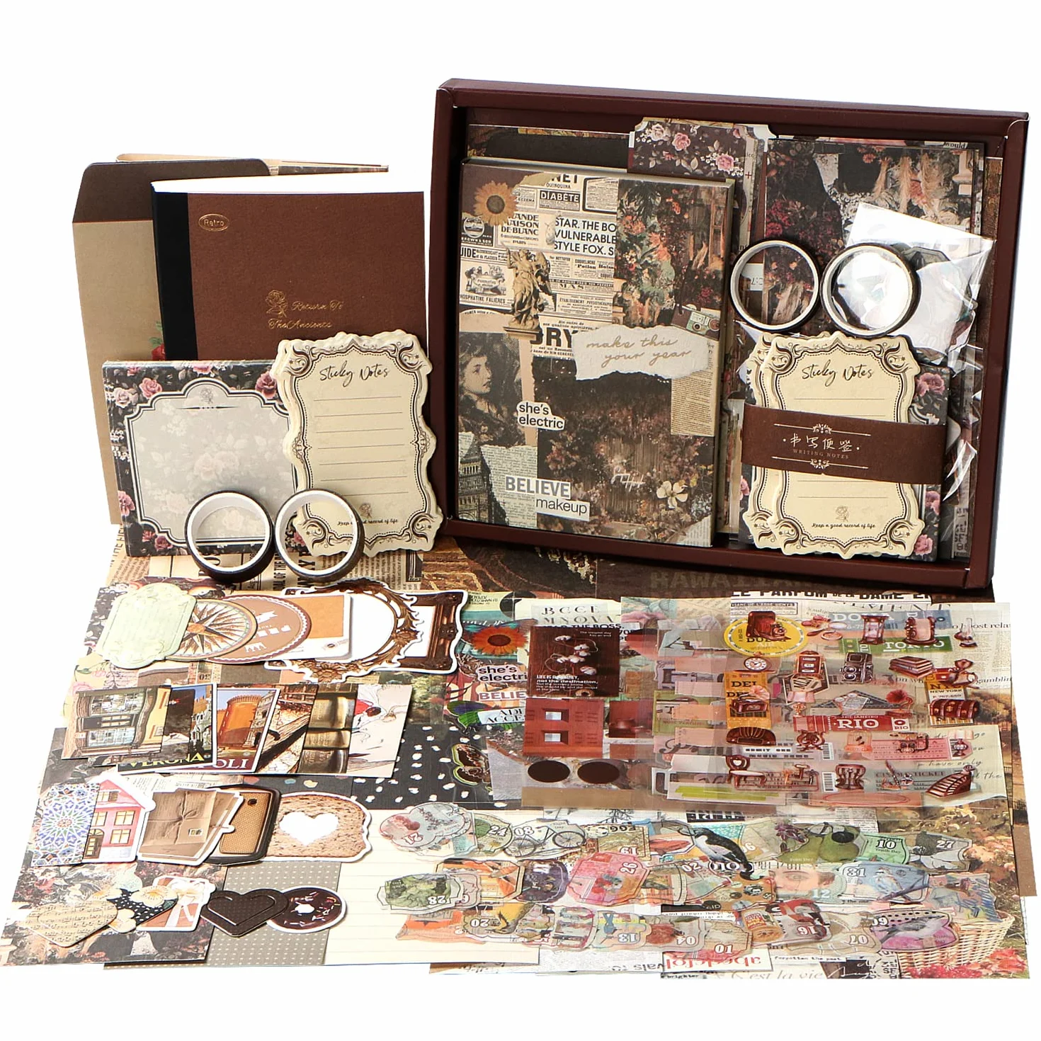 SUPRBIRD Scrapbooking Kit Set di accessori per scrapbook vintage 136 pezzi,Estetico Bullet Junk Journaling con A6 Griglia Notebook Album Da Viaggio, regalo fai da te per Ragazze E Donne (Cioccolato)