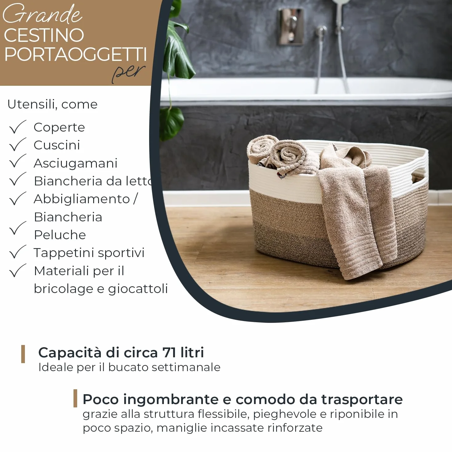 HMF XXL Cesto portabiancheria in cotone, cesto contenitore angolare con manici | 55 x 43 x 30 cm | Bianco-Marrone