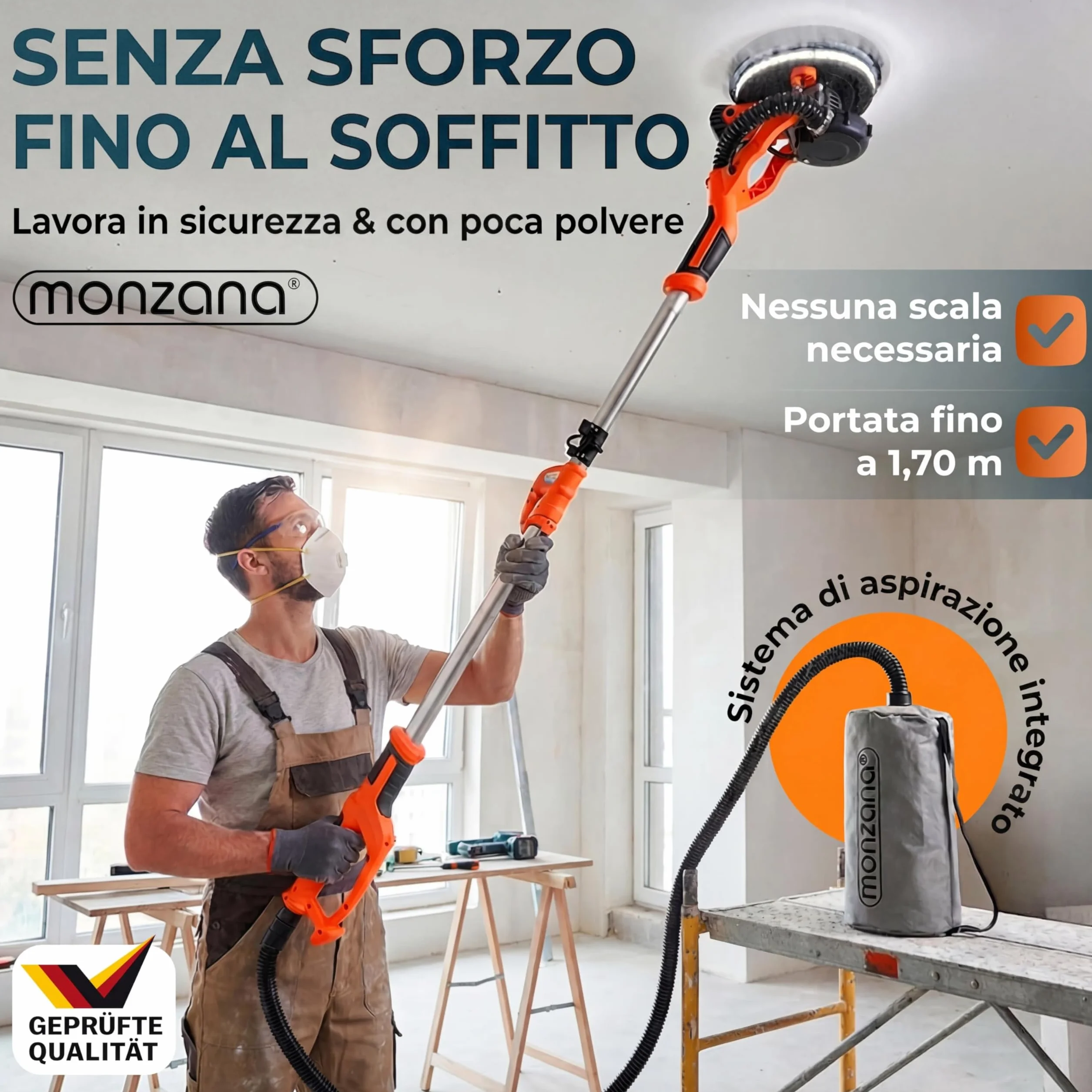 MONZANA Levigatrice Muro 750W Telescopica Cartongesso Giraffa 12 Dischi Abrasivi