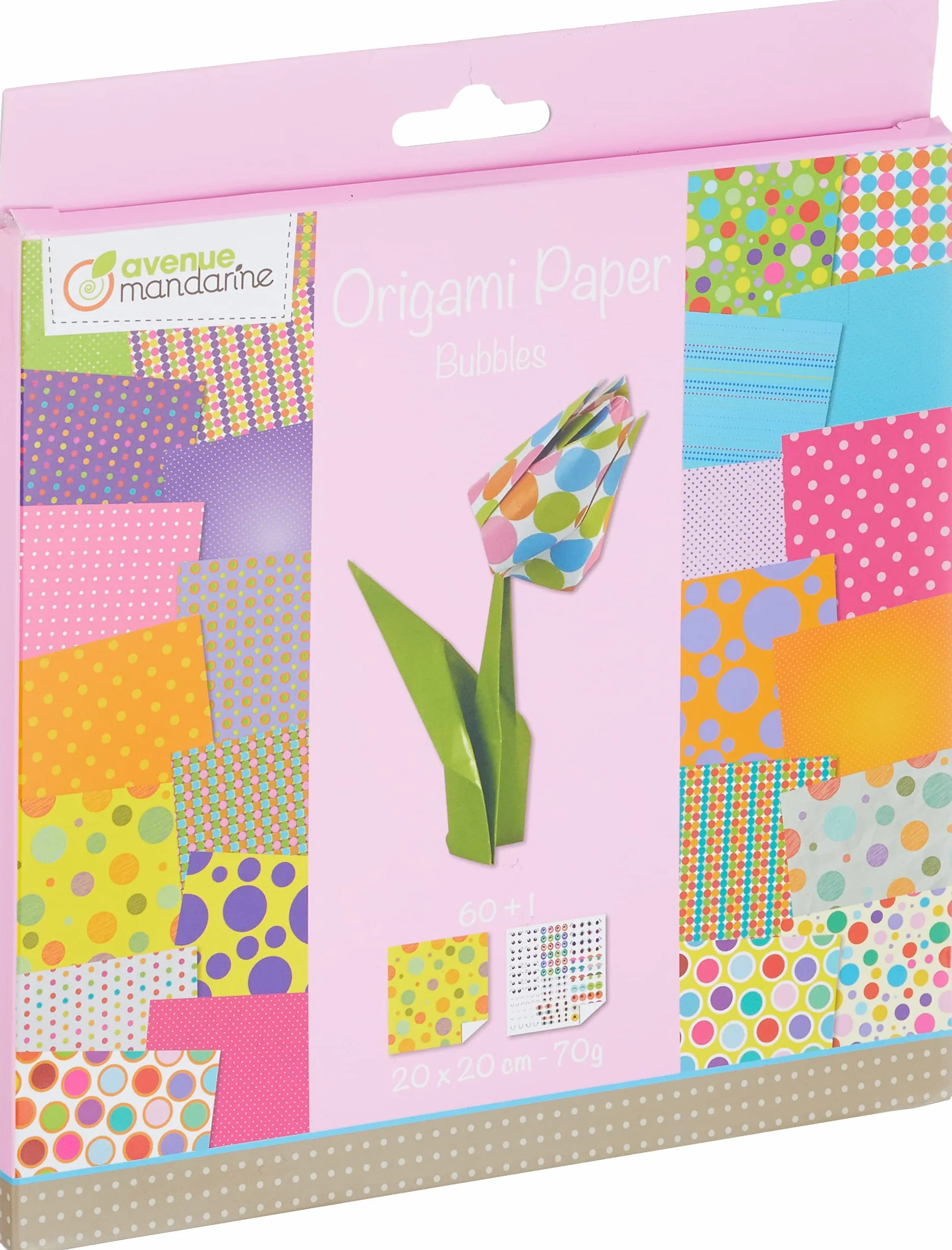 My Mandarine 52506O - Una confezione da 60 fogliorigami 20x20 cm 70G (30 motivi x 2 fogli ) + foglio di adesivi.''occhi'',a partire dai 7 anni - Bolle