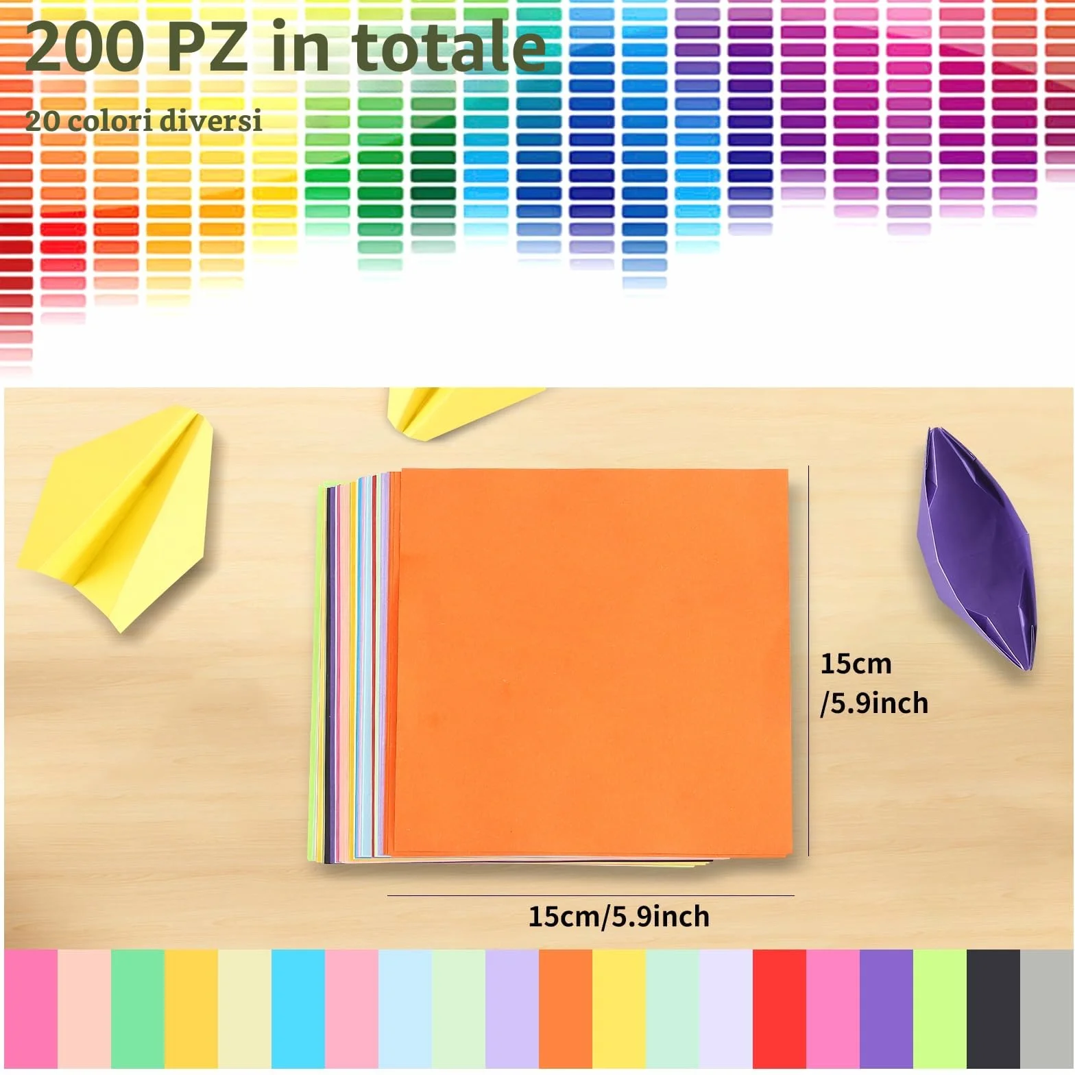 Carta Origami 200 Fogli 20 Colori 15x15 cm doppia faccia per creazioni artistiche