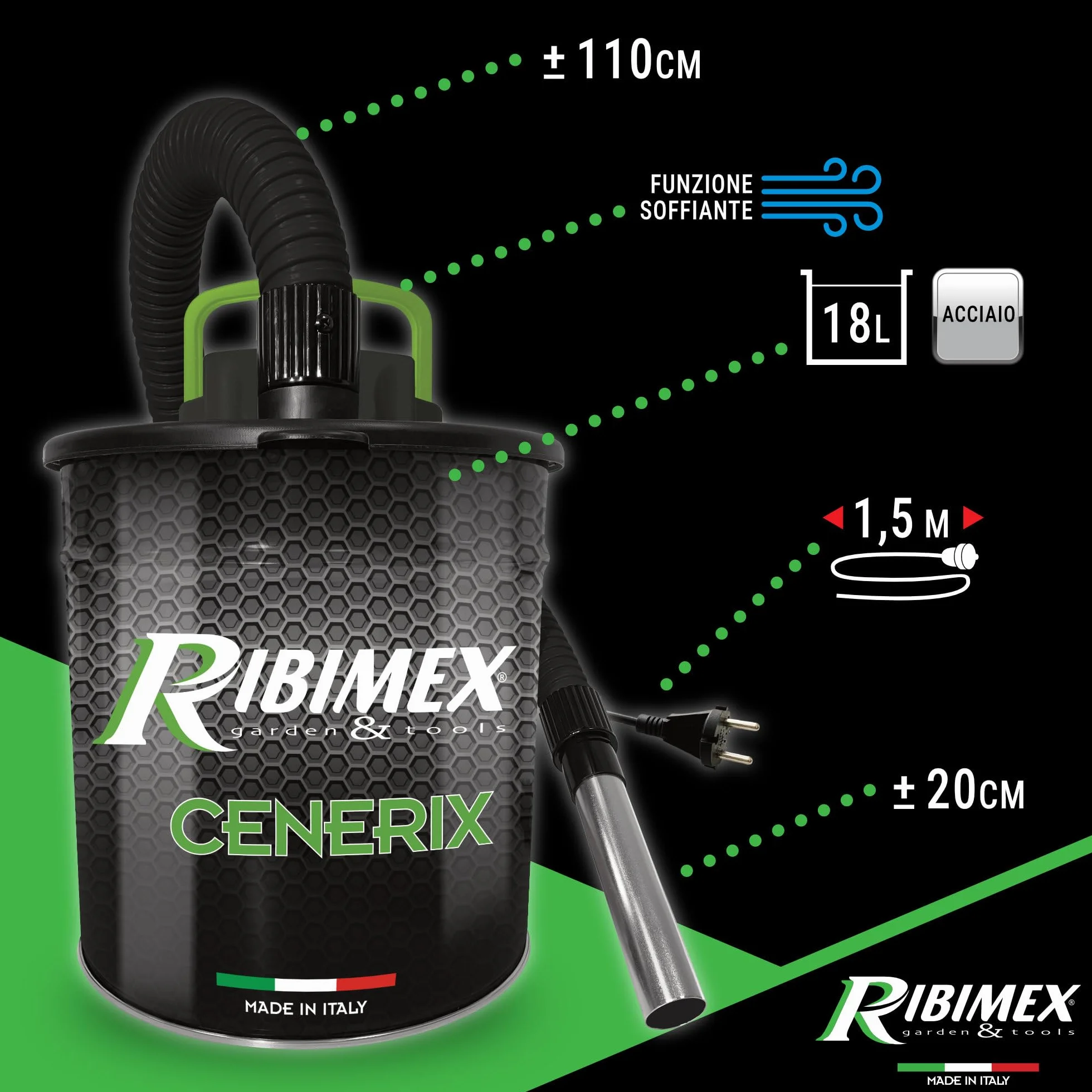 Ribimex Aspiracenere Elettrico Cenerix, con Funzione Soffiante e Filtro HEPA Lavabile, Bidone da 18 L, Potenza 1200 W, Ideale per Aspirare Ceneri Fredde da Stufe, Caminetti e Barbecue - PRCEN003/1200