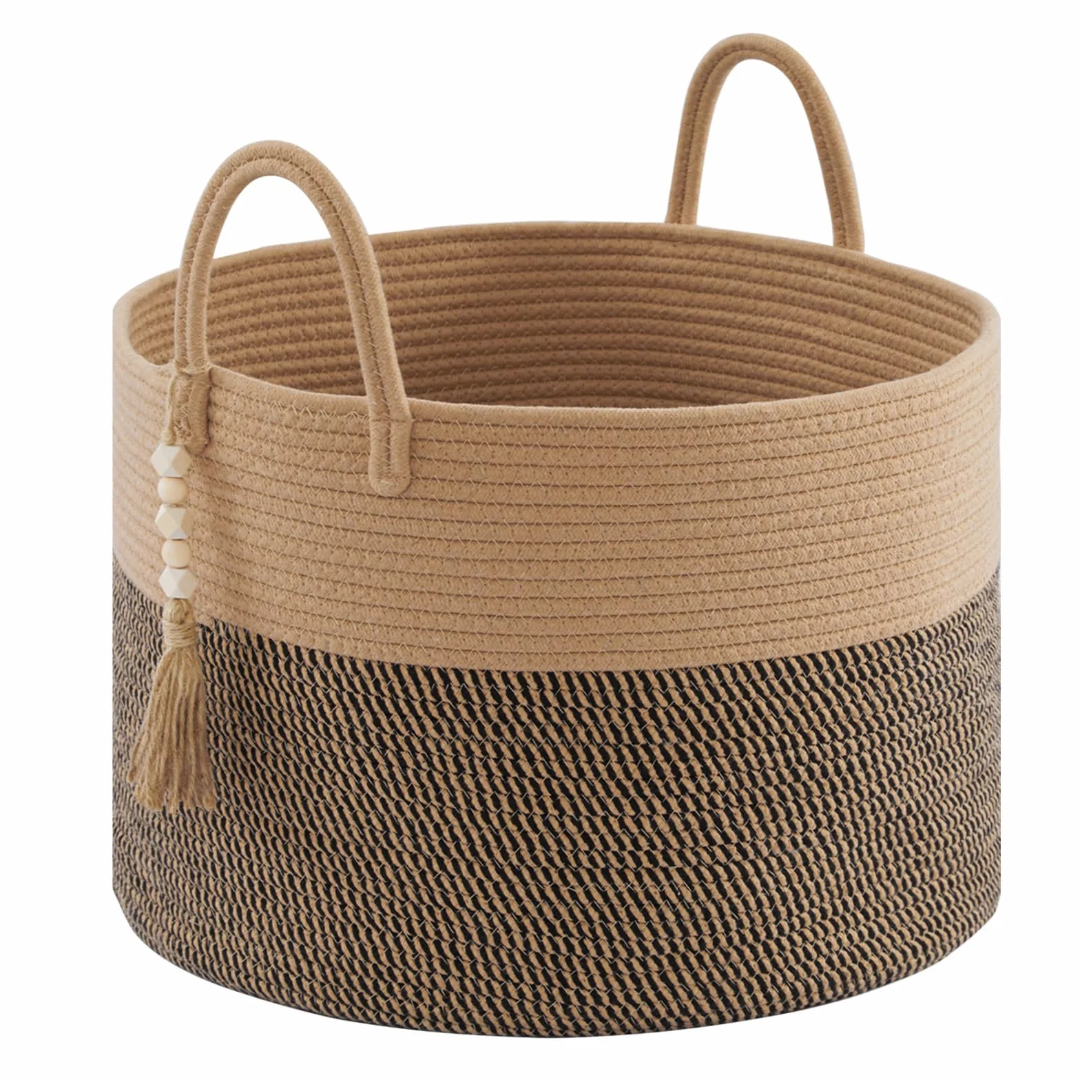 YOUDENOVA Cesto portabiancheria con perline decorative in legno, cestino portaoggetti per giocattoli per bambini, cestino per coperte in corda di cotone grande, cestino portaoggetti intrecciato