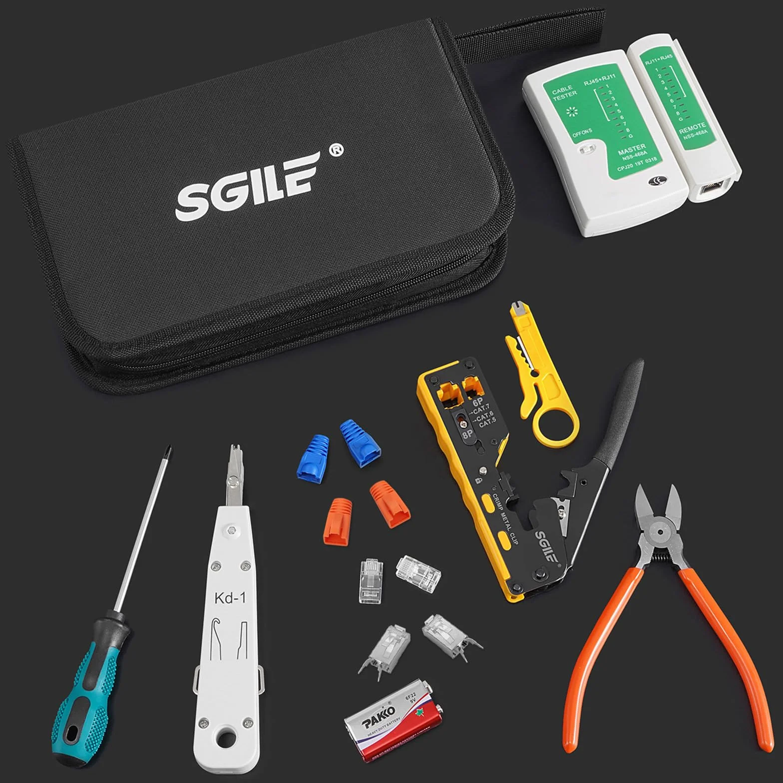 SGILE Kit di Attrezzi per Rete, Pass Through RJ45, Pinza Crimpatrice per Cat5, Cat6, Cat7, Pinza Spellafili, Tester di Rete, Universale RJ45/RJ11/RJ12, Include 25 Connettori CAT6 e 25 Connettori CAT7