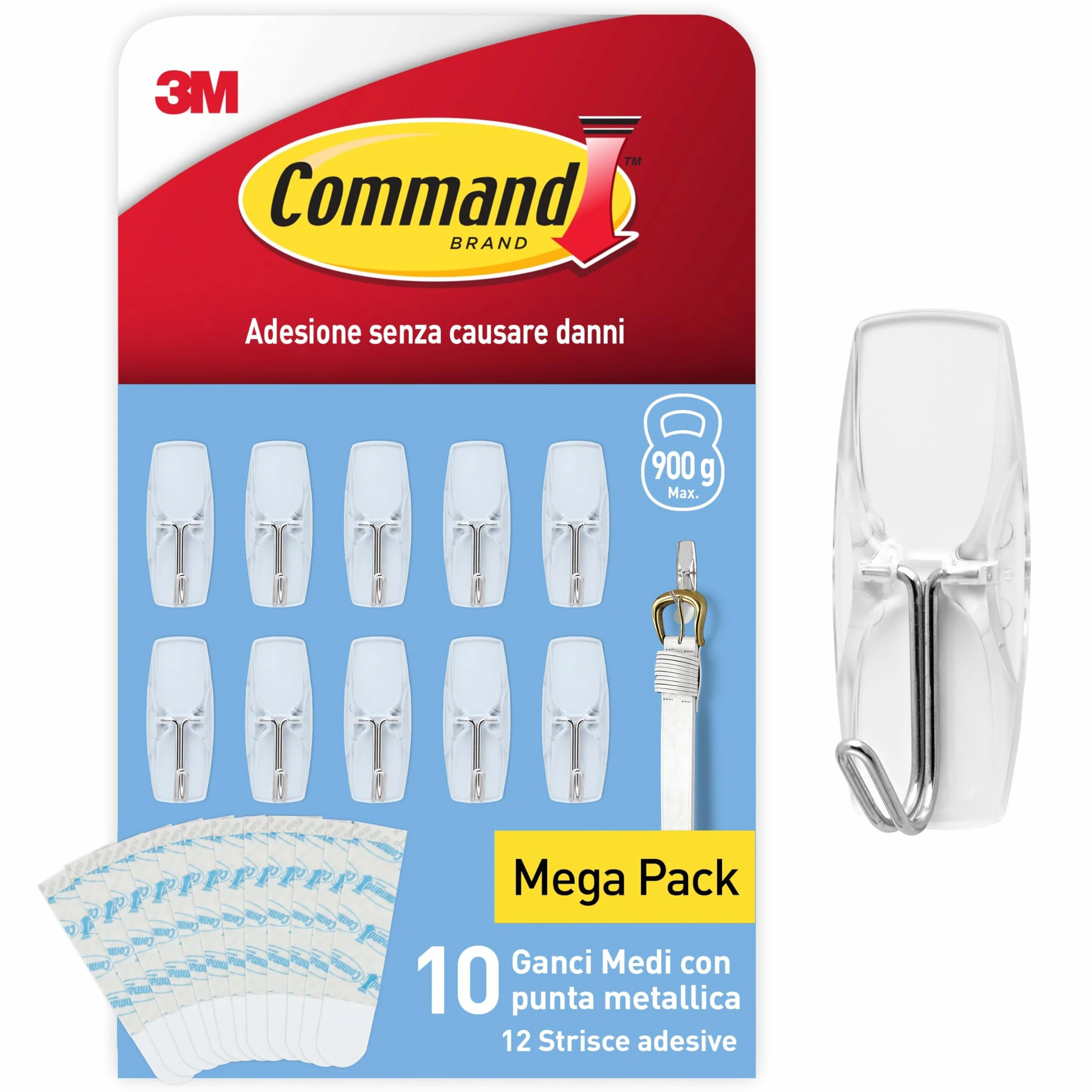 Command Ganci Medi Trasparenti Adesivi 10 Pezzi con Punta Metalica e 12 Strisce Salvaspazio