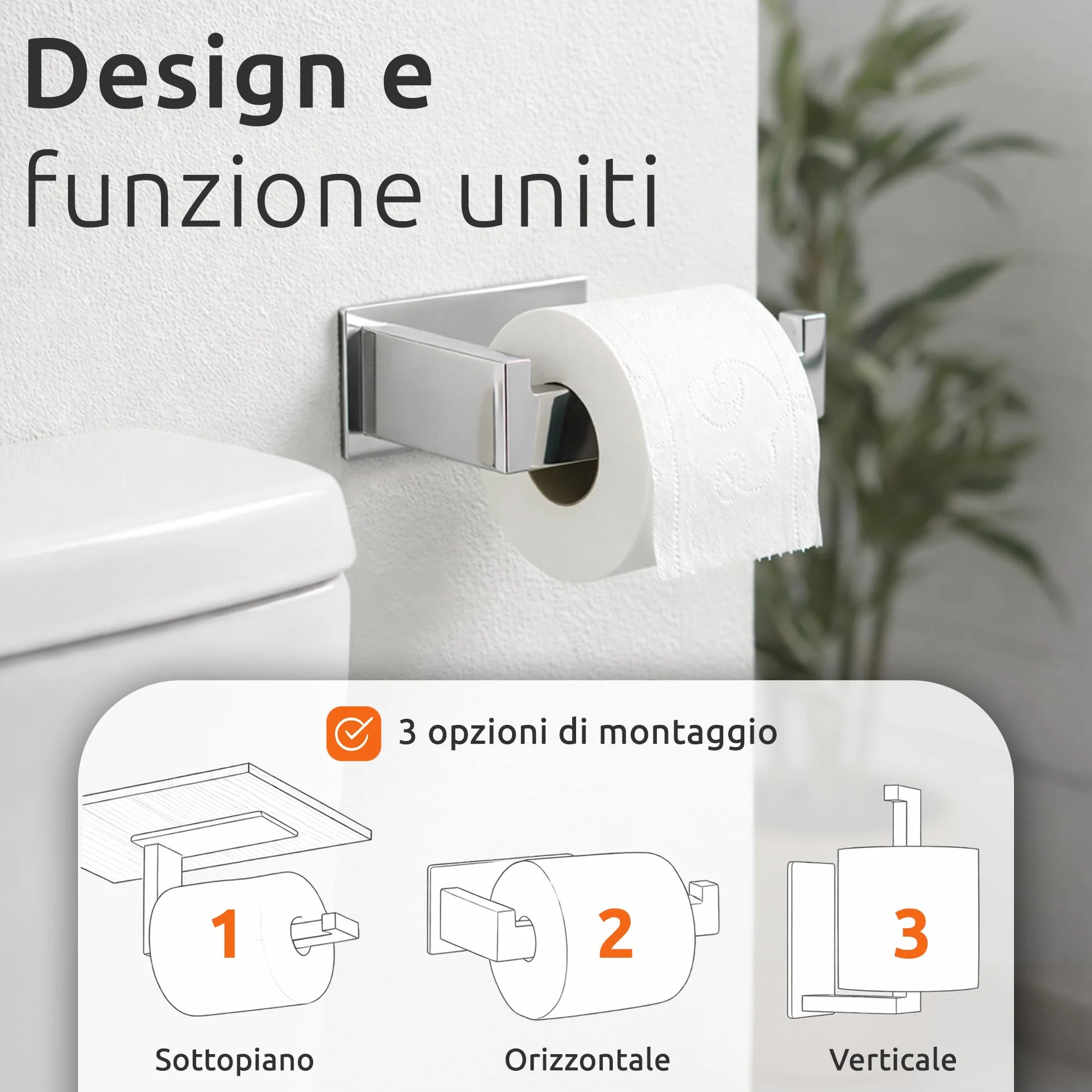 ECENCE Set Porta Asciugamani - 1x Porta Carta Igienica + 2x Ganci Adesivi - Accessori per Bagno - Acciaio Inossidabile 304 cromo