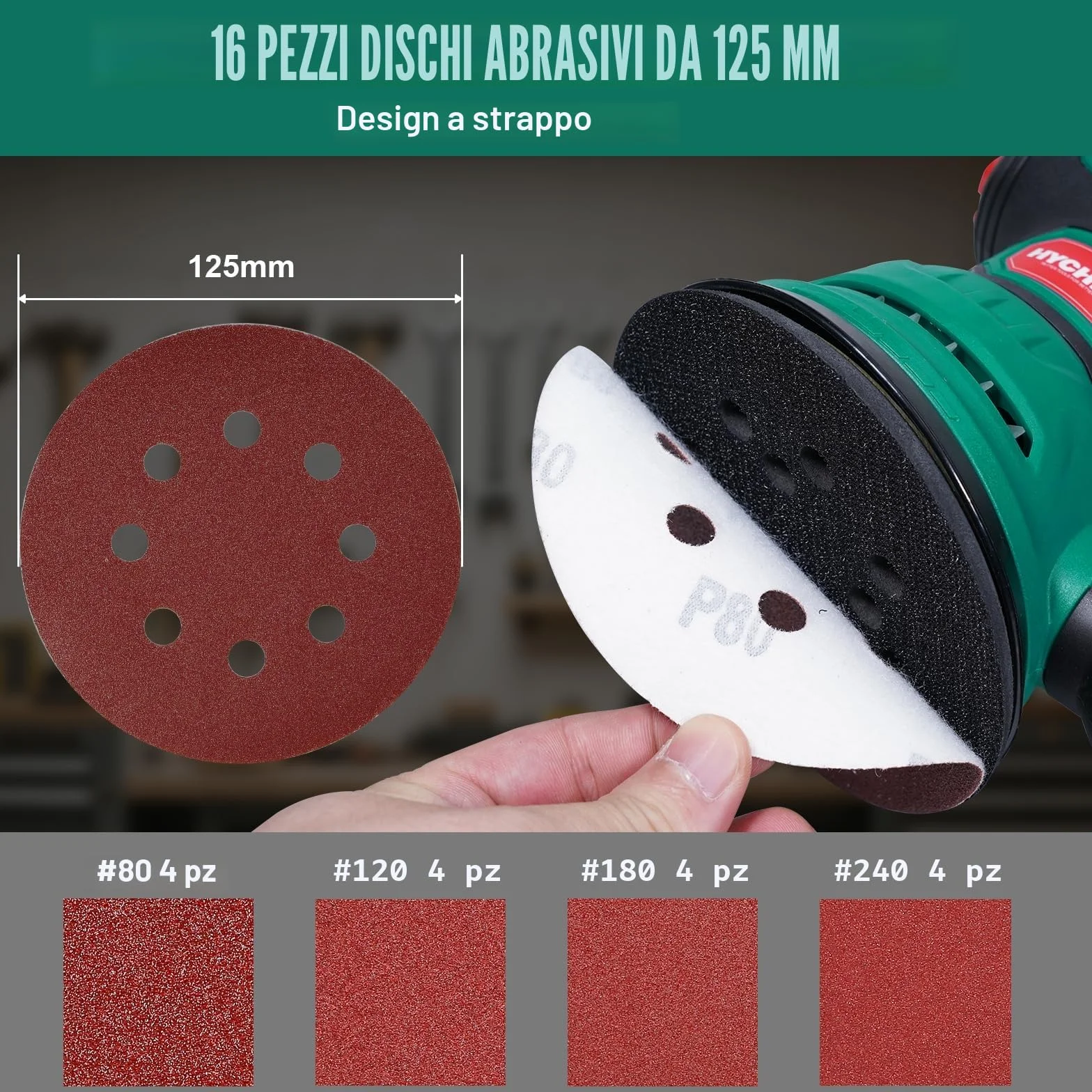HYCHIKA Levigatrice Orbitale 300W 12000OPM 6 Velocità 16 Pezzi Dischi Abrasivi 125 Frenata Rapida