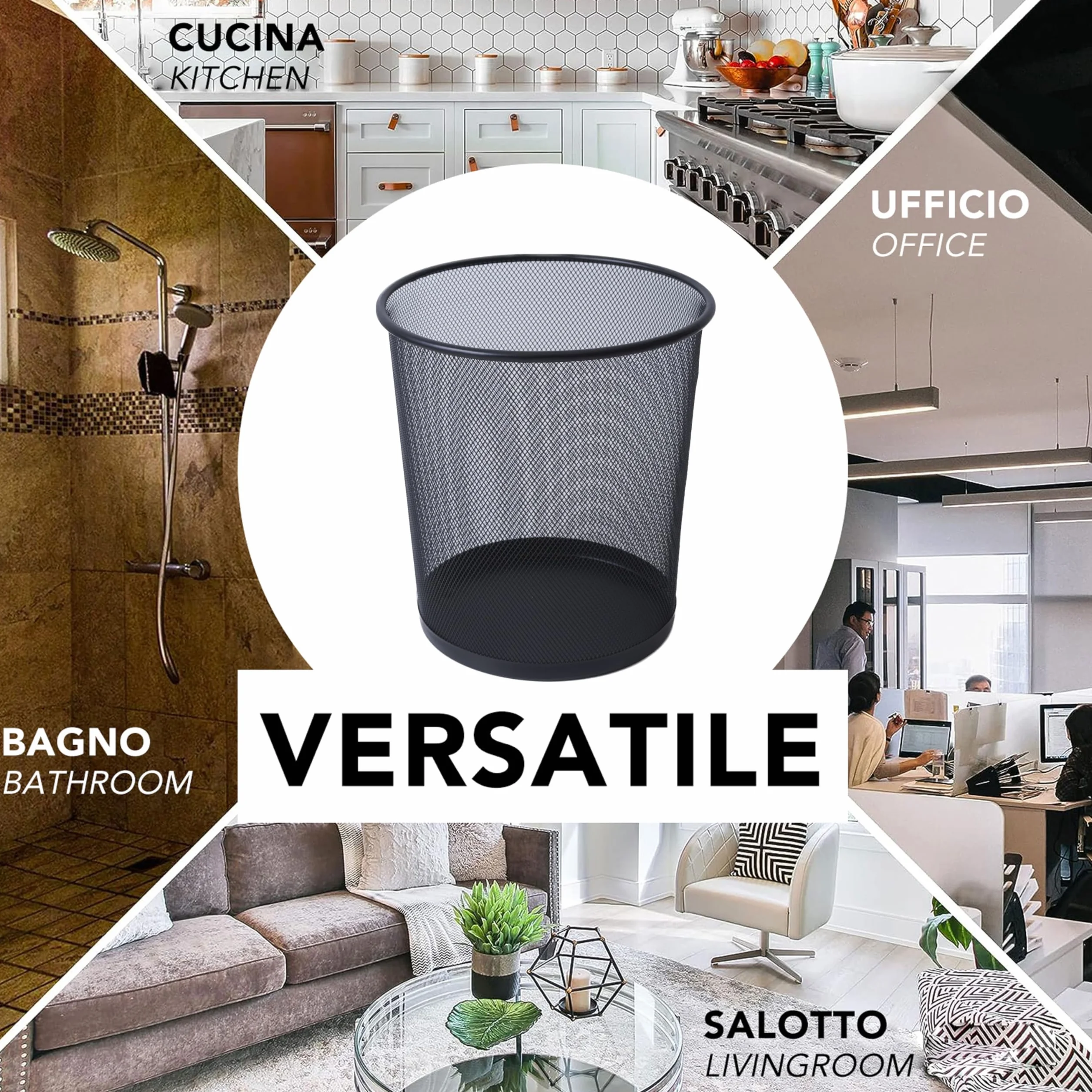 IPEA Cestino per la Carta in Rete Metallica Nero - 26 X 23 cm - [ DESIGN MINIMAL ] - Cesto Getta Carta Riciclaggio per Ufficio, Casa, Camera, Scuola - Metallo - Spazzatura per Scrivania e Tavolo