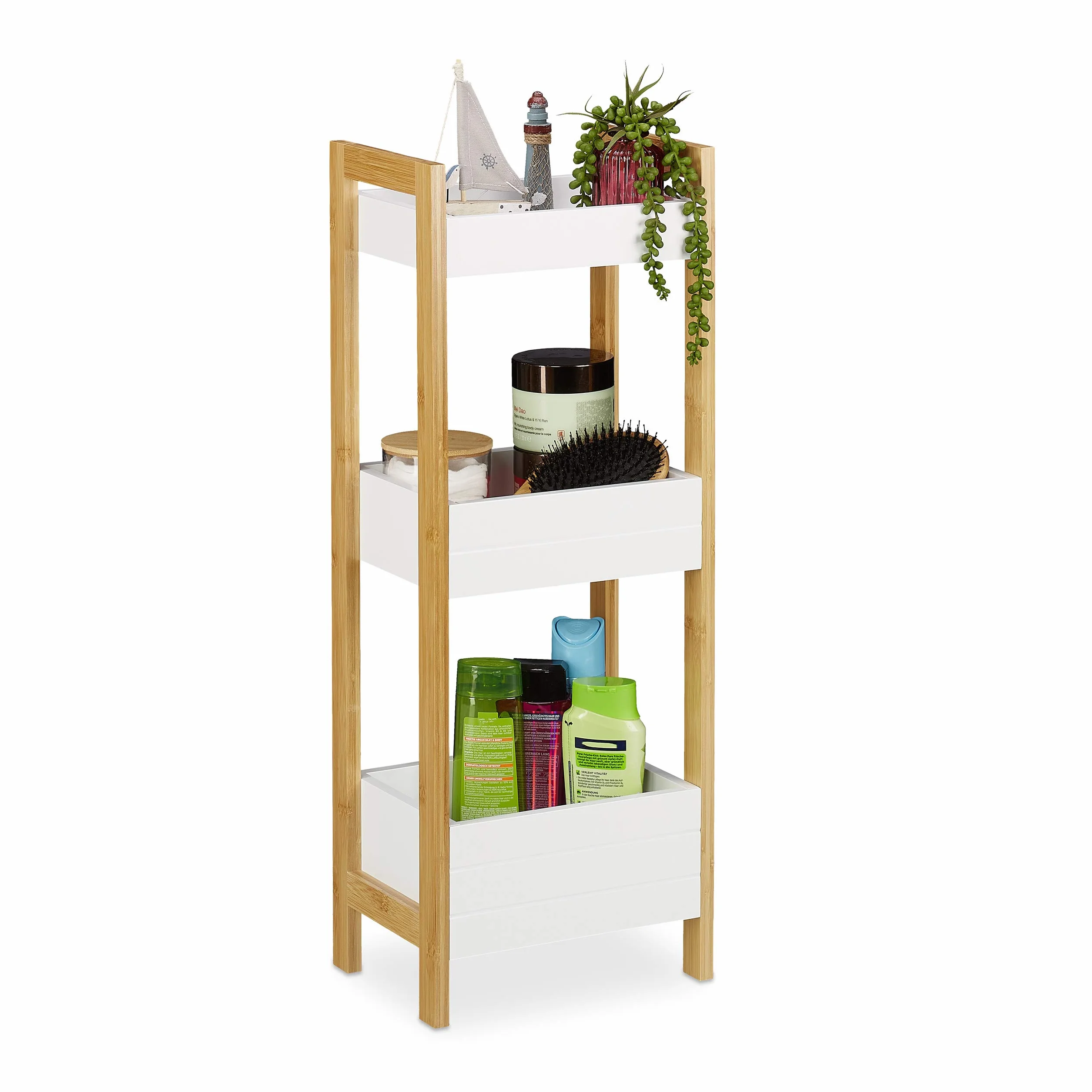 Relaxdays Scaffale Bagno con 3 Cesti, a Colonna in bambù e MDF, 74,5 x 28 x 20 cm, Mensole Salvaspazio, Naturale/Bianco