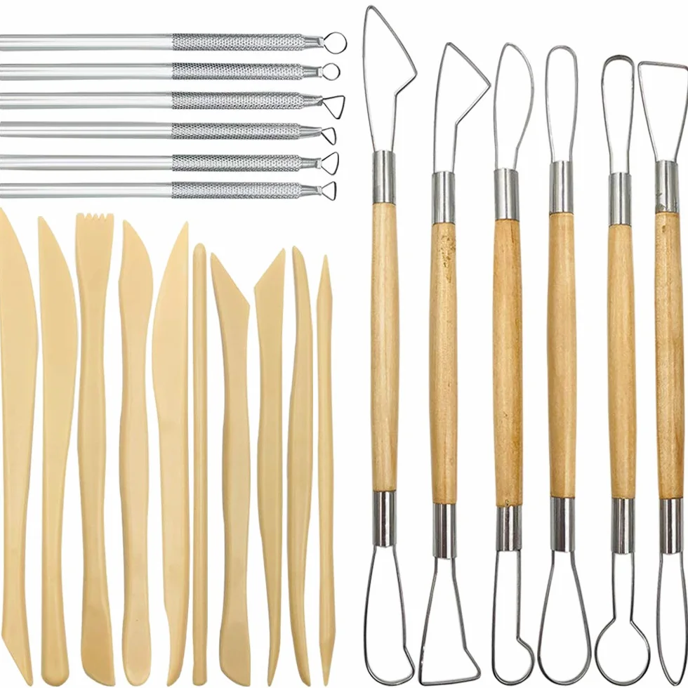 22 strumenti per scultura in argilla, manico in legno, utensili per intagliare la ceramica, metallo e strumenti per modellare l'argilla in plastica, per sculture in ceramica