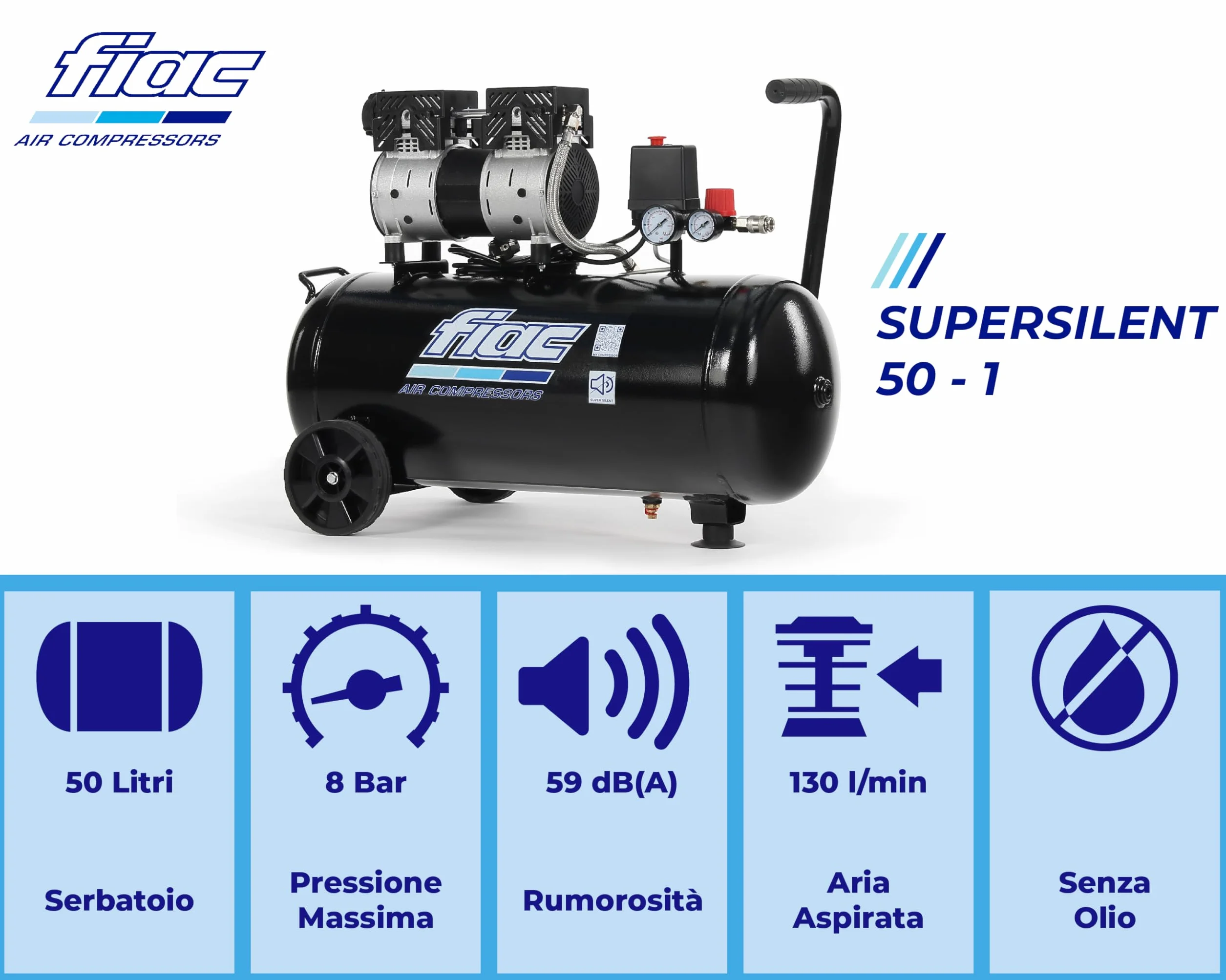 FIAC Compressore d'Aria Mobile Silenzioso SUPERSILENT 50, Compressore Aria Senza Olio, Pressione Massima 8 Bar, Potenza 1 CV, Serbatoio 50 Litri, Rumorosità 58 dB LpA