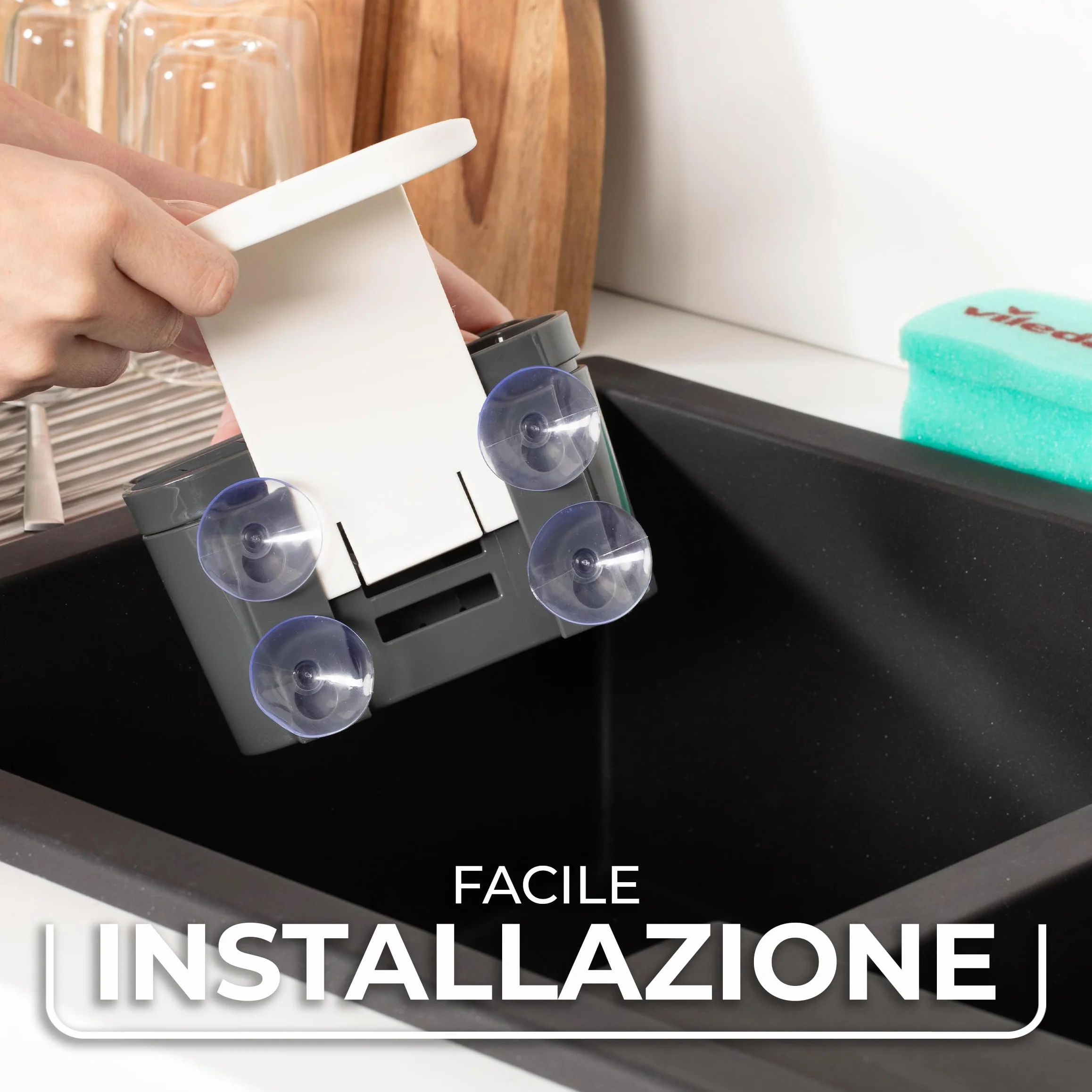 Vileda Portaspugna per Lavello con Ventosa Grigio Scuro – Organizer Lavandino Senza Foratura con Drenaggio Acqua