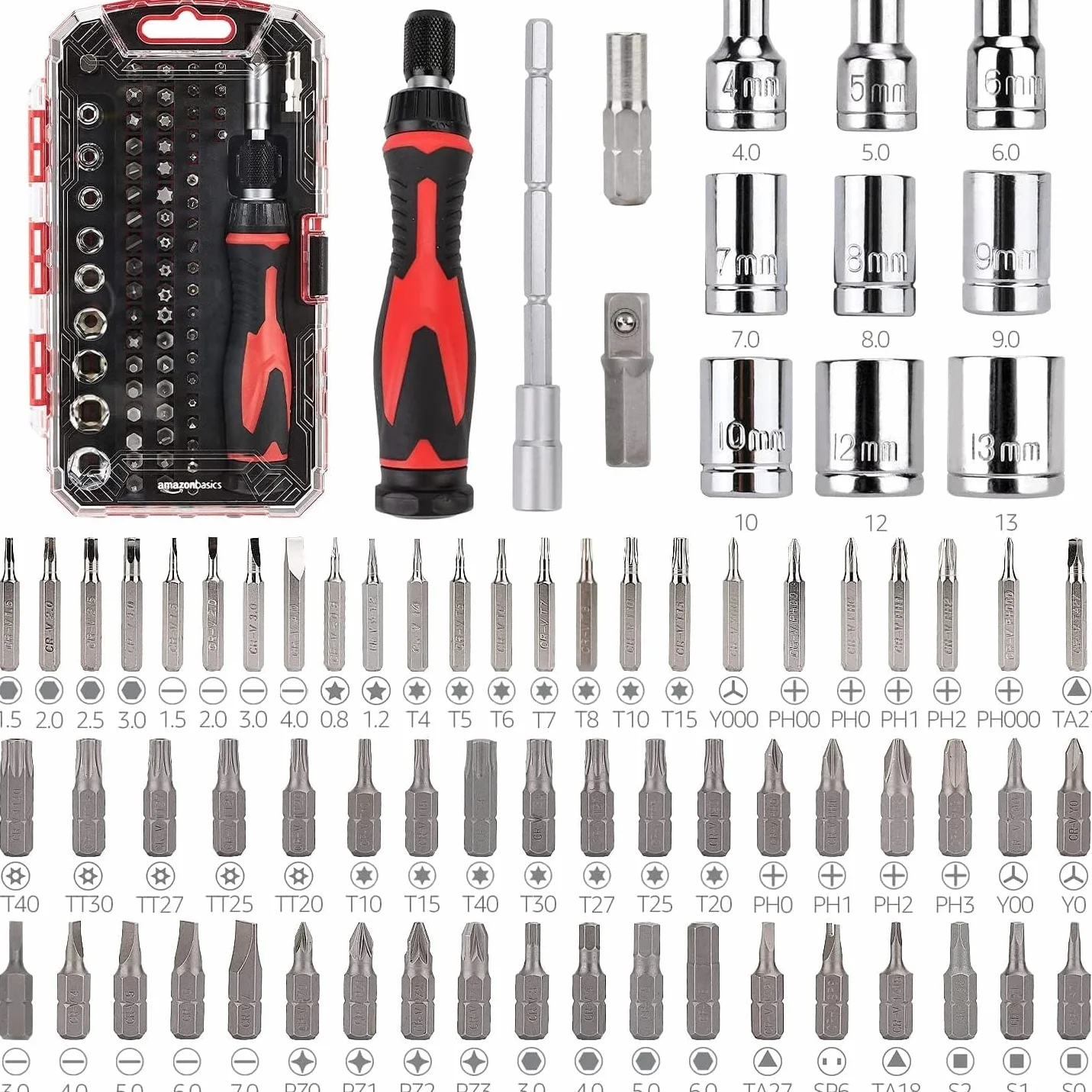 Amazon Basics Set di chiavi a cricchetto magnetiche e cacciaviti di precisione per elettronica, 73 unità, confezione da 1, Nero, Rosso, Argento