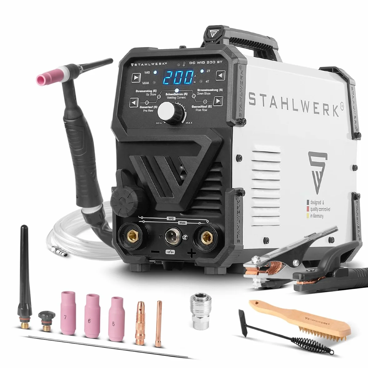 STAHLWERK Saldatrice 2-in-1 combinata DC TIG 200 ST – Funzione TIG & MMA fino a 200 A, innesco HF, Hotstart, adatta per acciaio, inox, rame e ottone, no alluminio