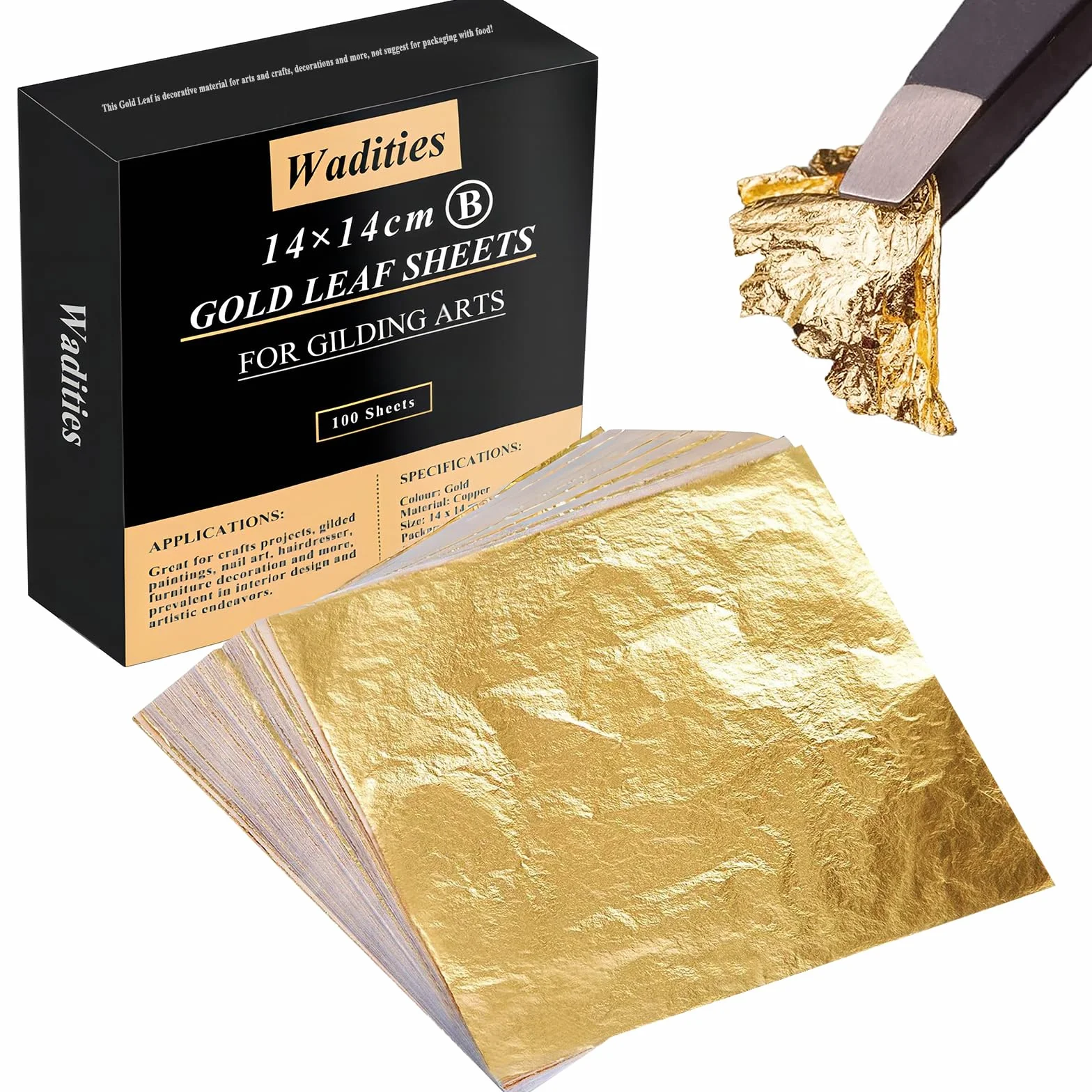 Wadities Fogli di foglia d'oro - 100 fogli di lamina d'oro - 14 x 14 cm Foglia d'oro multiuso per unghie, progetti artistici e fai-da-te, pareti domestiche, interni e decorazioni artistiche multiple