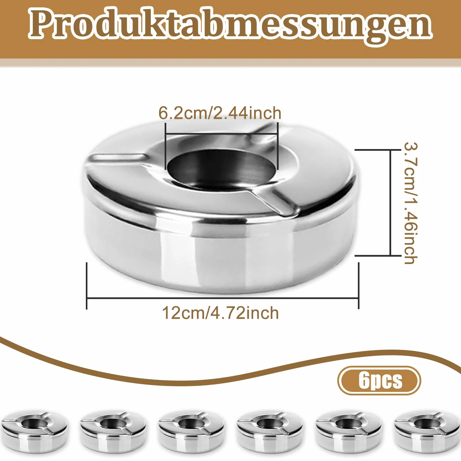 Posacenere in acciaio inox 12 cm con coperchio antivento 6 pezzi