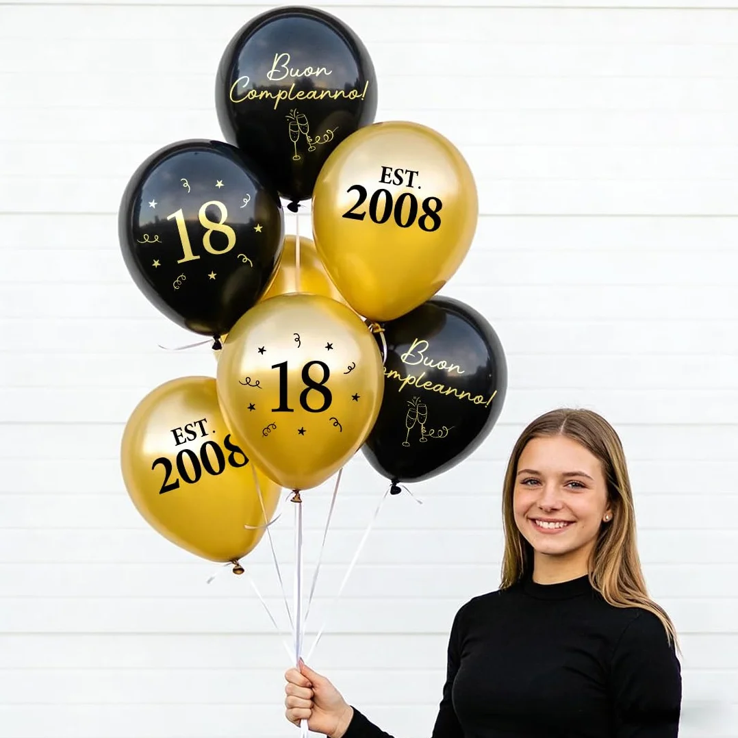 Decorazione per 18° Compleanno Nero Oro, Palloncini 18 Anni, 2008 Buon Compleanno Ragazzi Ragazze