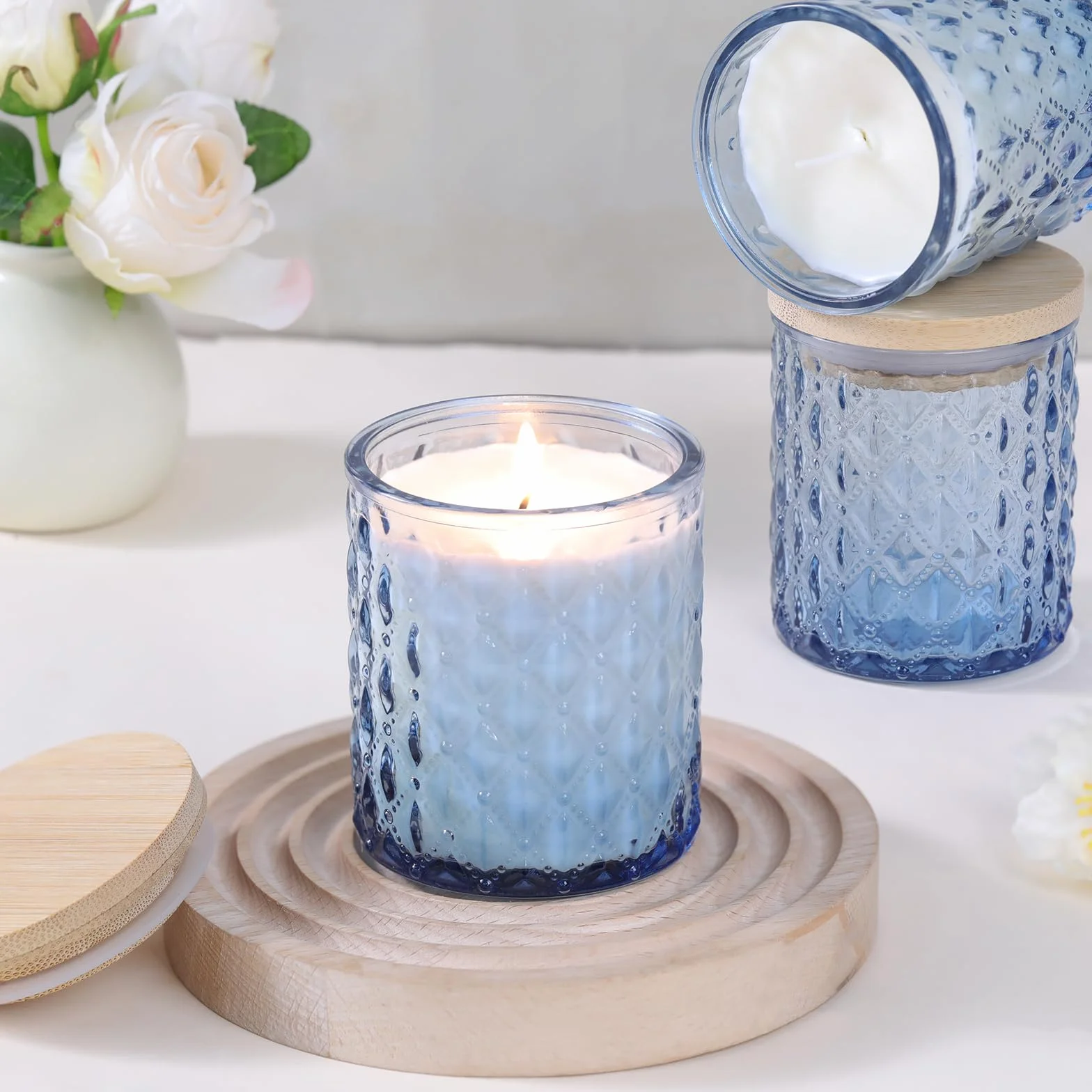 LETINE Set di 6 barattoli in vetro blu da 200 ml con coperchio, portacandele da riempire, portacandele per la produzione di candele, adesivi per stoppini di candela, etichette per candele, stoppino