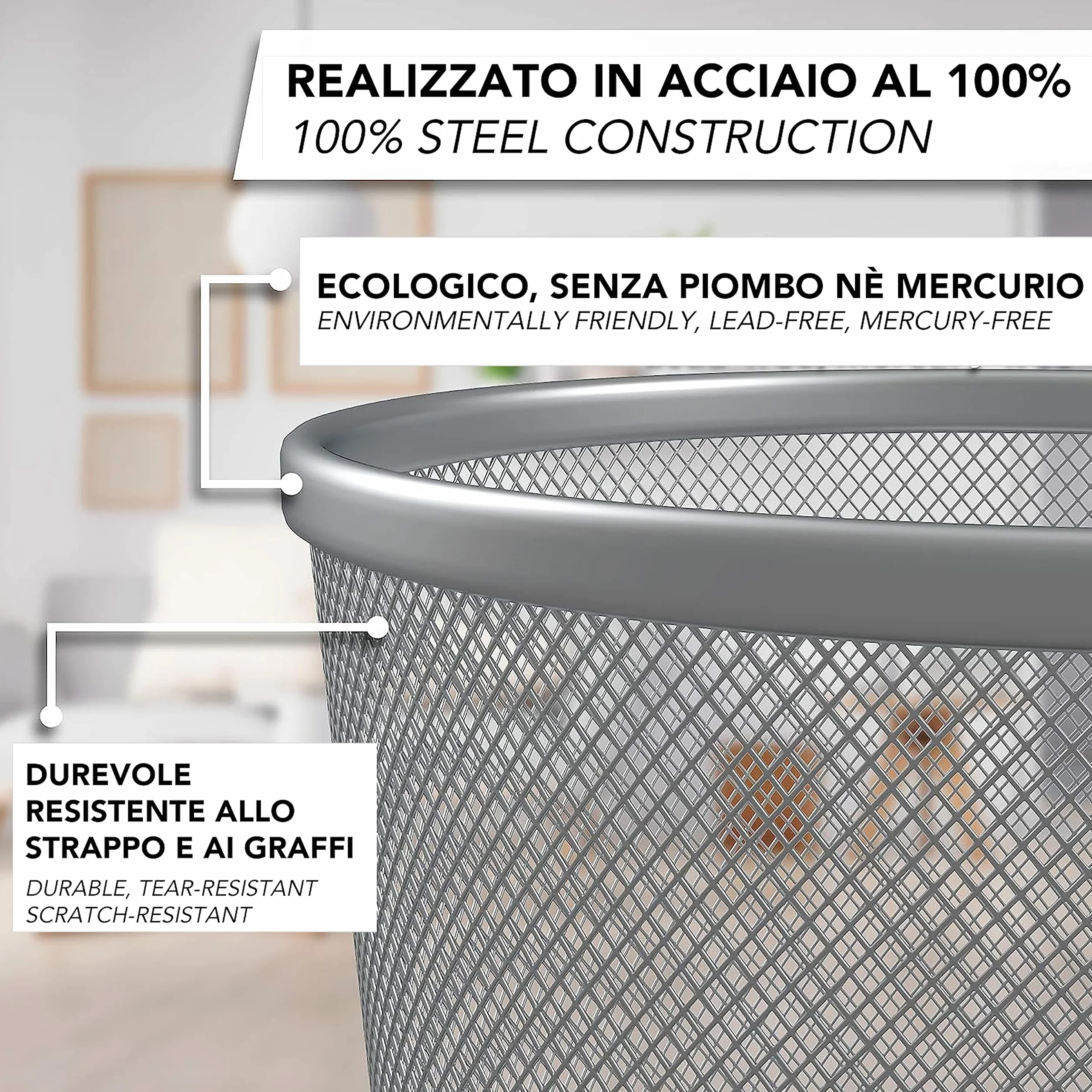 IPEA Cestino per la Carta in Rete Metallica 26x23 cm Metallo Cesto Spazzatura per Ufficio Casa Scuola
