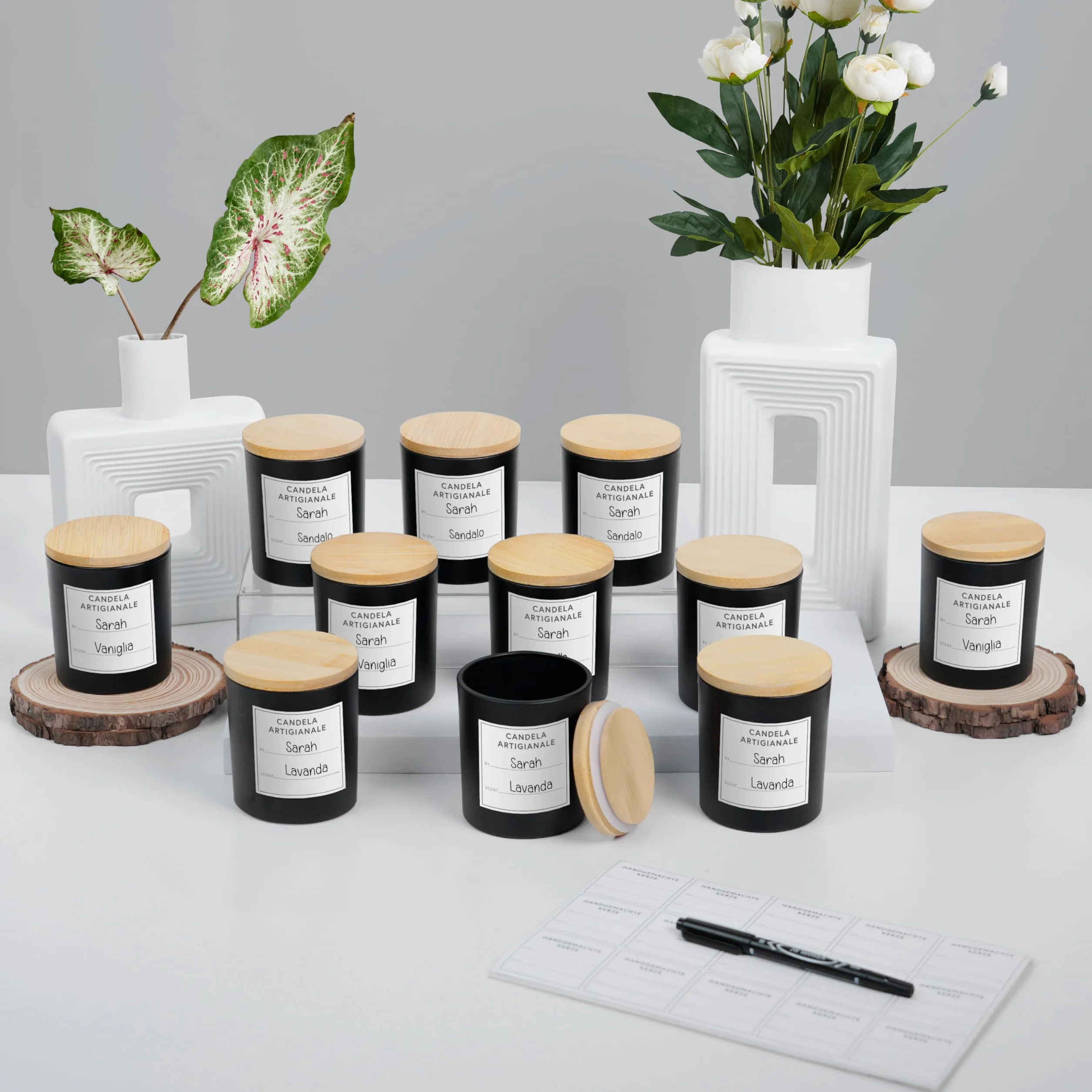 Winter Shore 270ml Barattoli per Candele [Pacco da 12] - Contenitori per Candele Vuoti Smerigliati Neri con Coperchi in Bambù, 15 Etichette Stampate e 15 in Bianco, Penna -Lavabili in Lavastoviglie