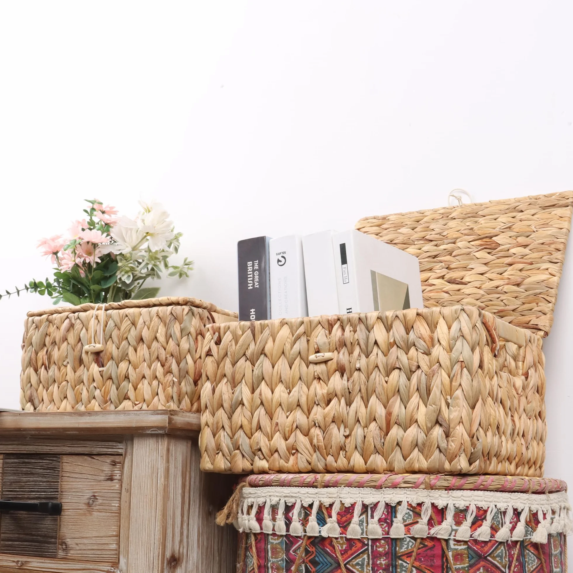 FEILANDUO - Cestini da scaffale in vimini con coperchio, cestini portaoggetti in alghe di mare, cestini portaoggetti rettangolari per casa e desktop (naturale, piccolo)