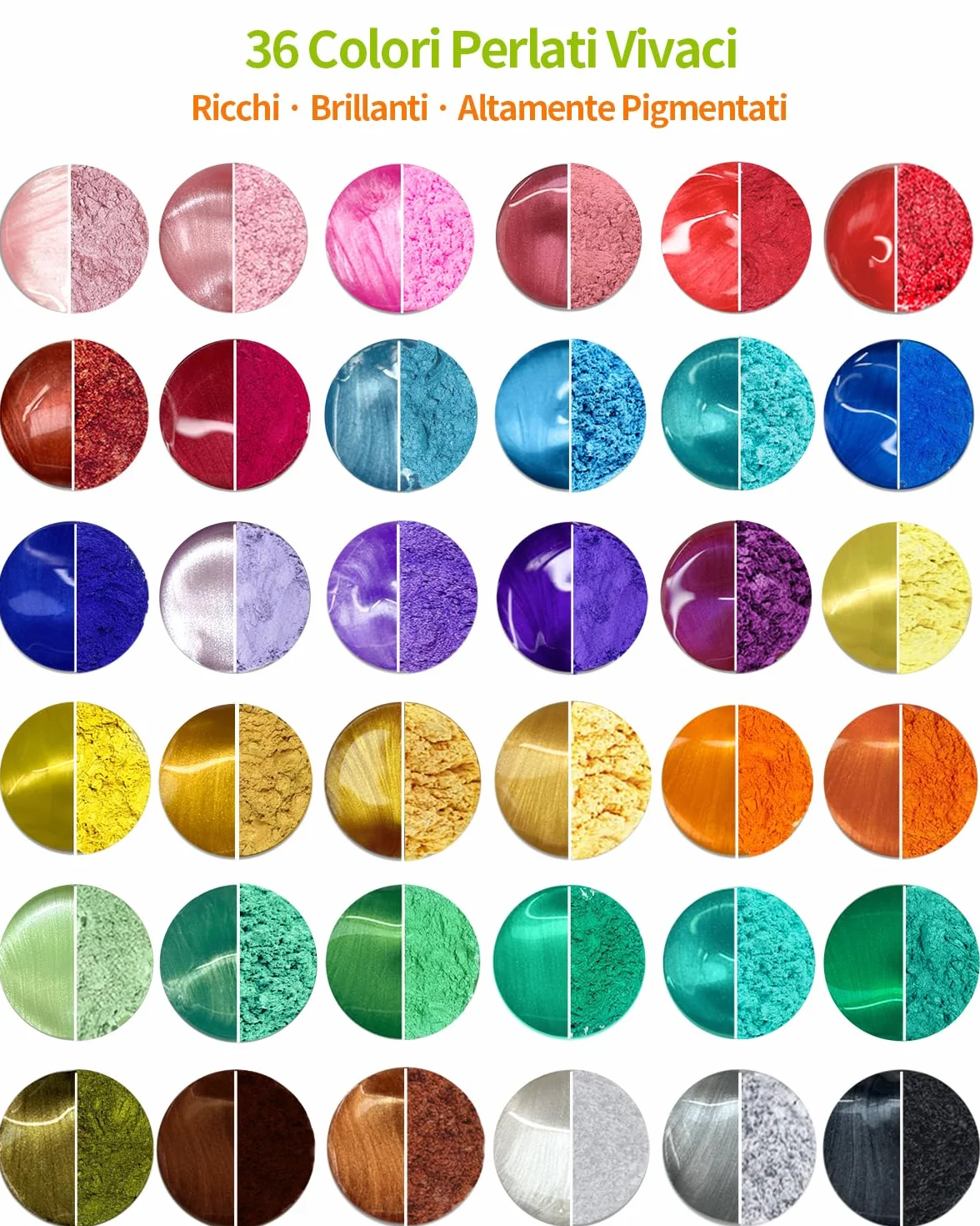 Polvere di Mica 36 Colori, Set di Pigmenti Perlescenti da 20 ml per Resina Epossidica, Sapone Artigianale, Bombe da Bagno, Candele, Lucidalabbra, Nail Art e Hobby Creativi DIY