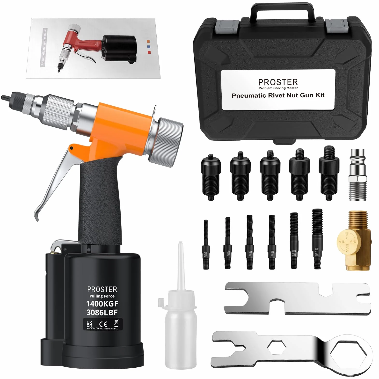 Proster Pistola Pneumatica per Rivetti Set Rivet Nut 5 Mandrini M4-M10 1400KGF Valvola Regolazione Pressione Custodia