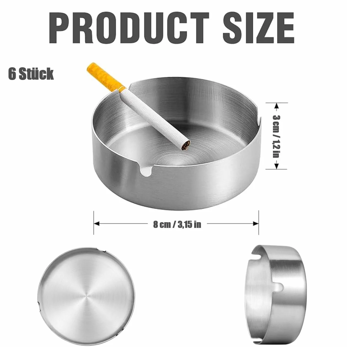 Posacenere Rotondo in Acciaio Inox 8 cm, 6 Pezzi, Argento