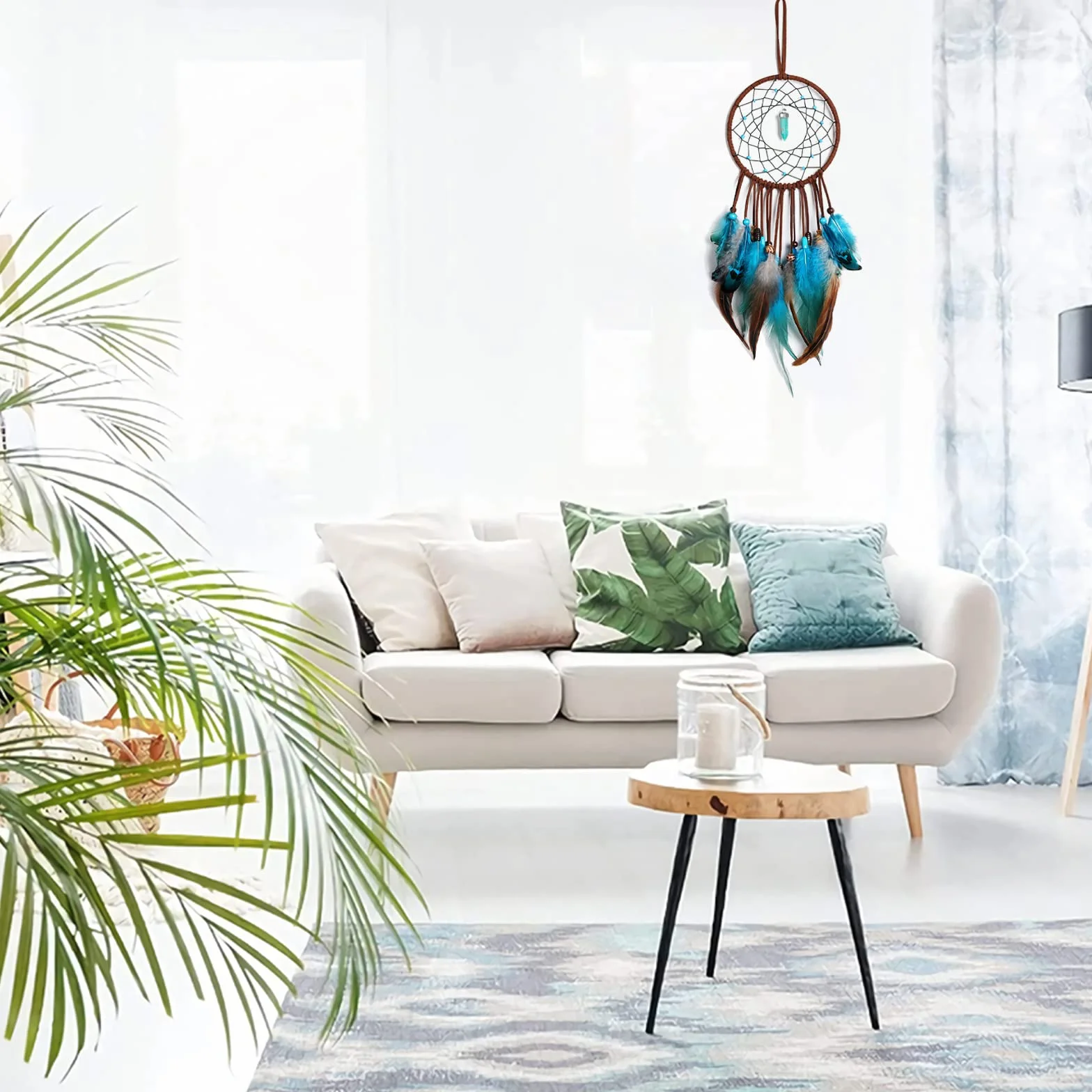 Acchiappasogni Grande Indiano con Piume Blu, Decorazione da Parete per Bambini